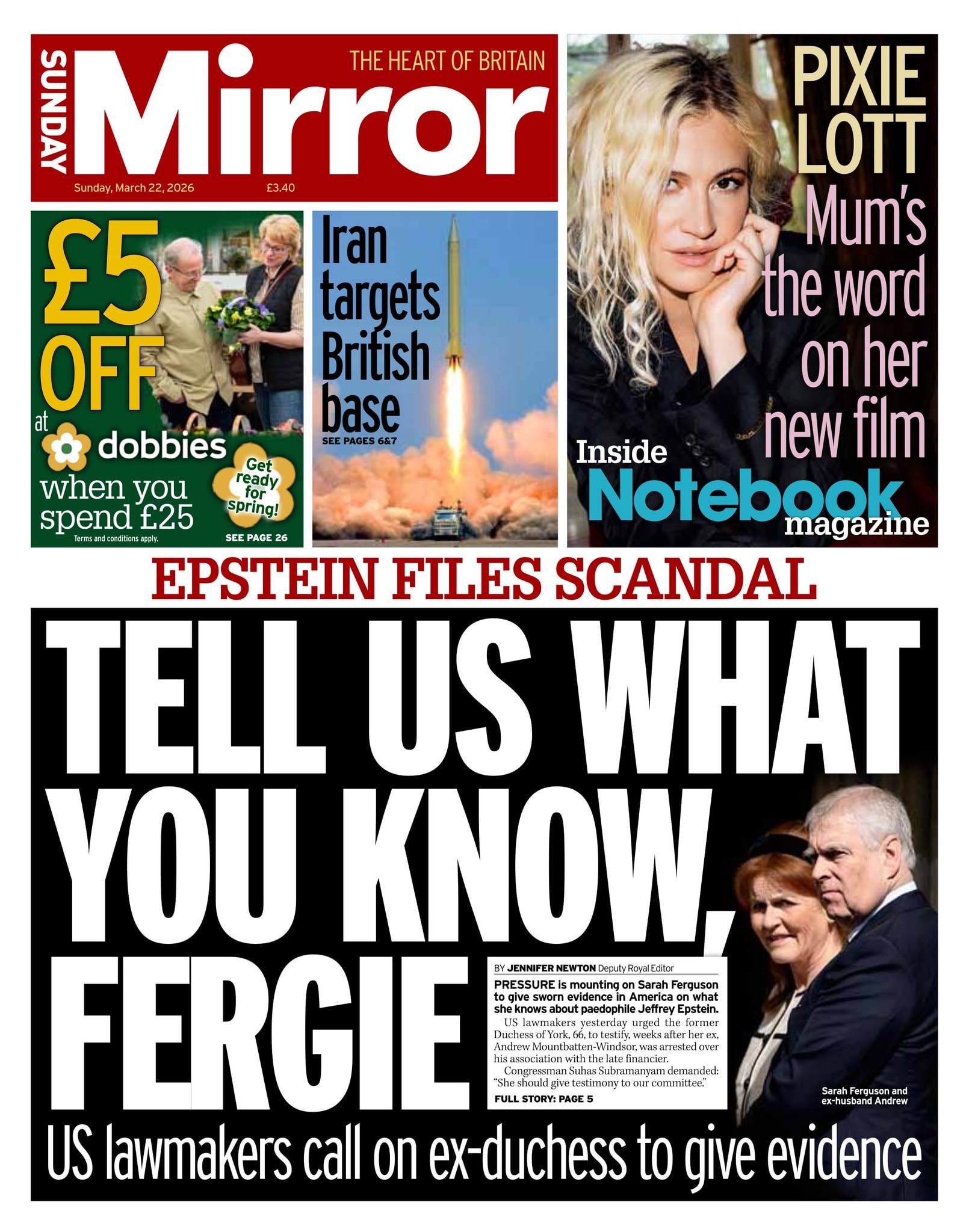 Front page of Sunday Mirror, 22 March 2026