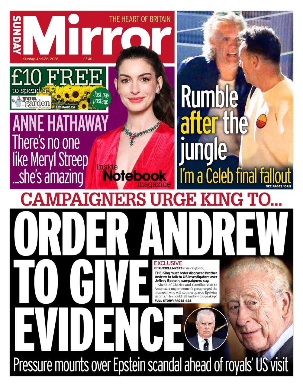 Front page of Sunday Mirror, 26 April 2026