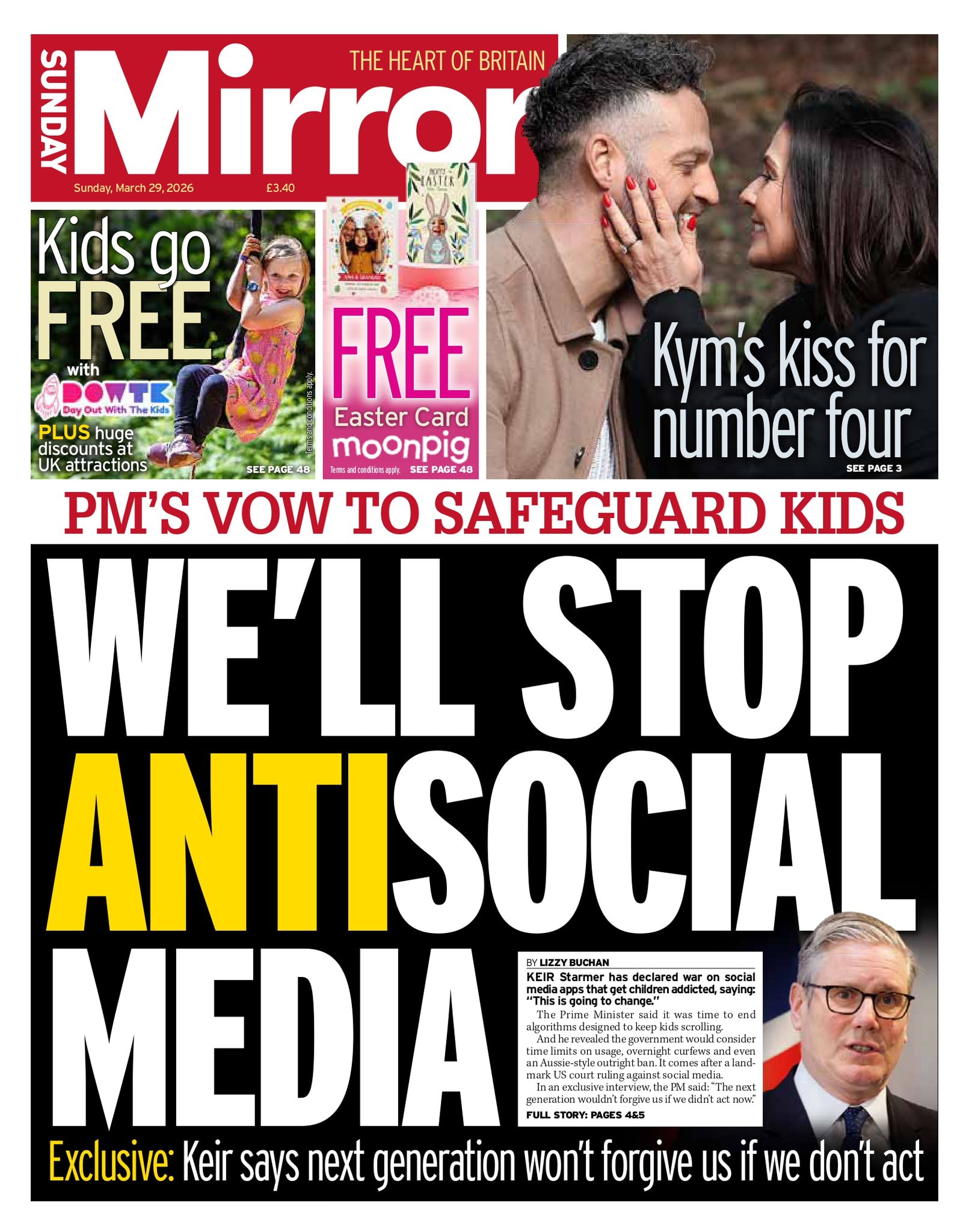 Front page of Sunday Mirror, 29 March 2026