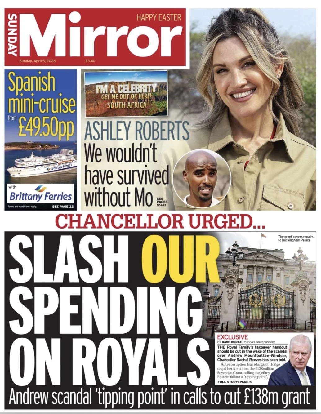 Front page of Sunday Mirror, 5 April 2026