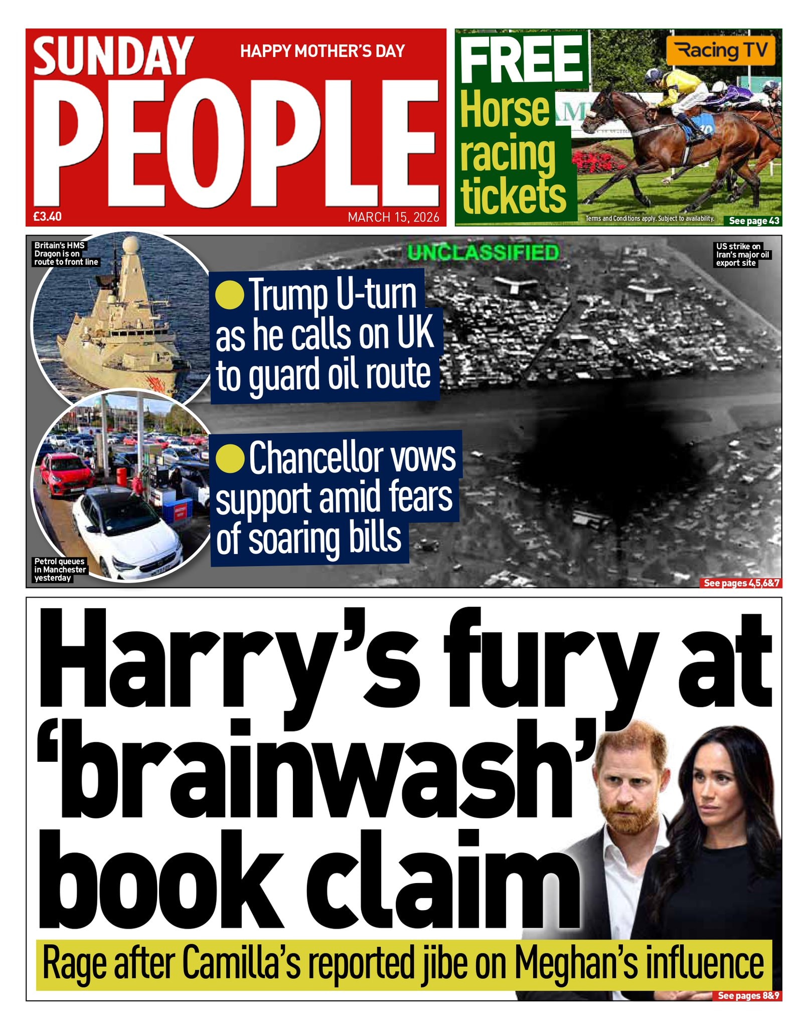 Front page of Sunday People, 15 March 2026