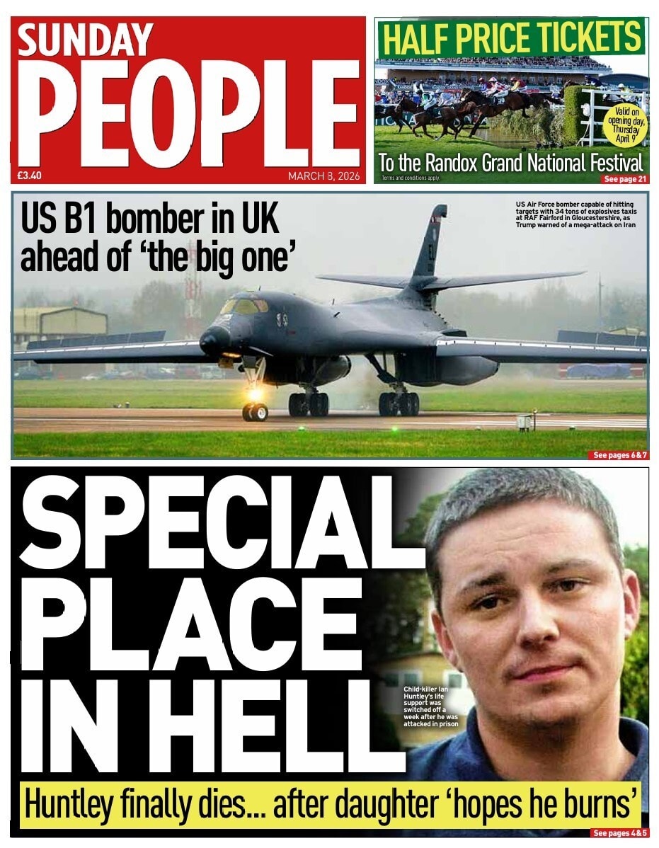 Front page of Sunday People, 8 March 2026