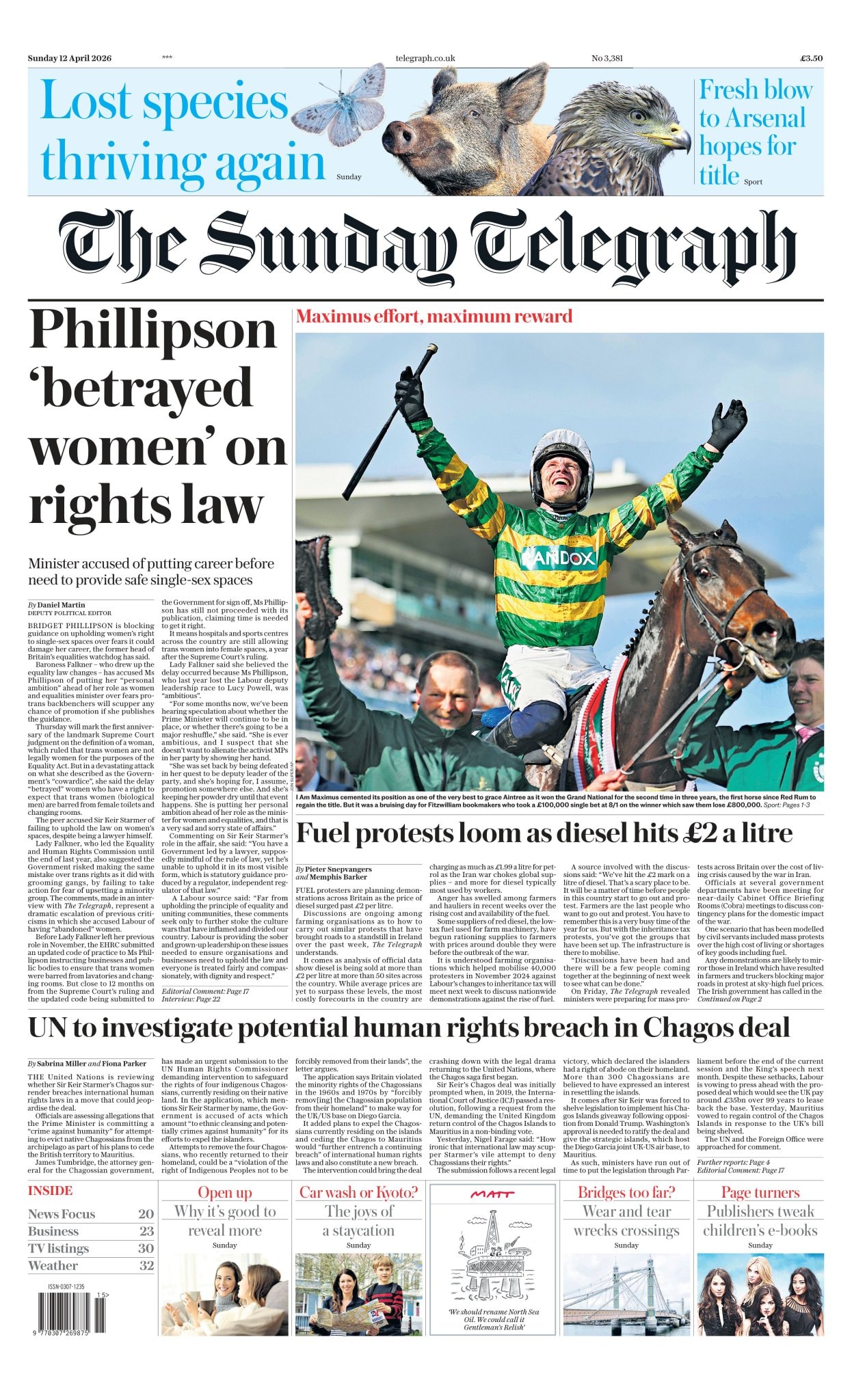 Front page of Sunday Telegraph, 12 April 2026