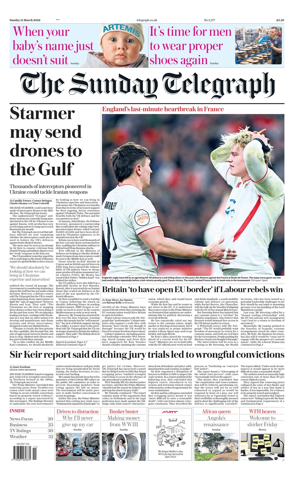 Front page of Sunday Telegraph, 15 March 2026