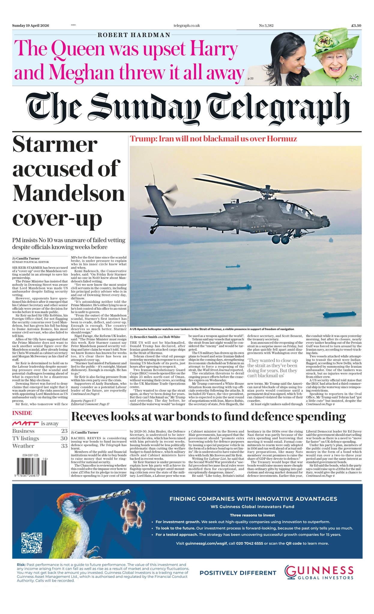 Front page of Sunday Telegraph, 19 April 2026