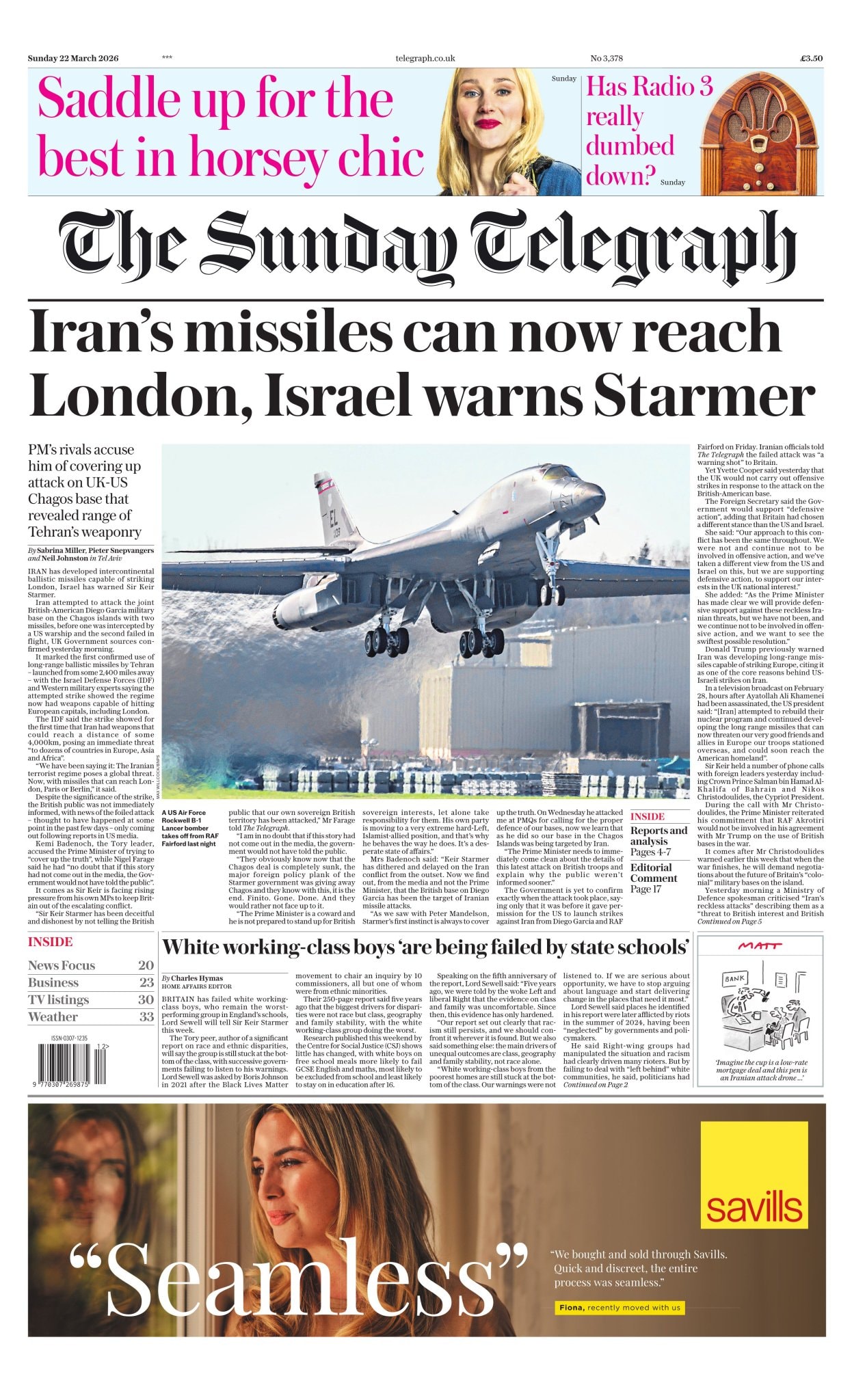 Front page of Sunday Telegraph, 22 March 2026