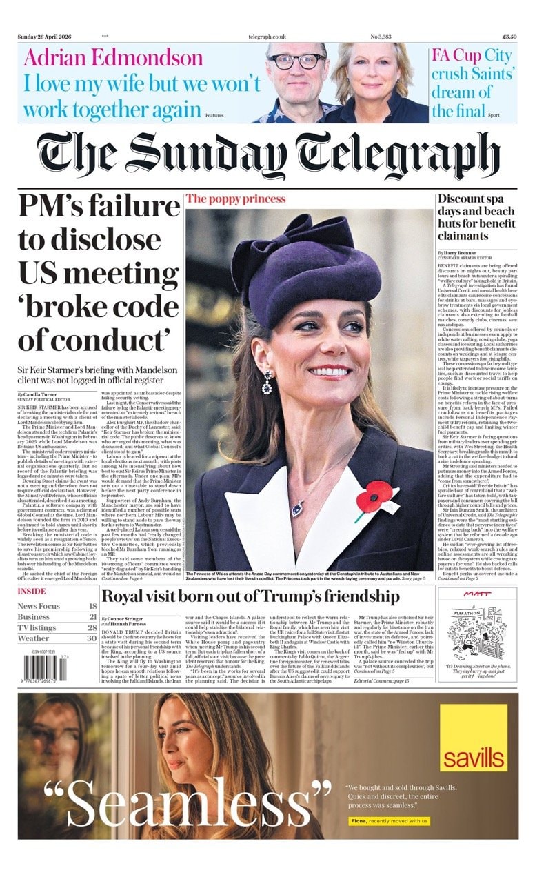Front page of Sunday Telegraph, 26 April 2026