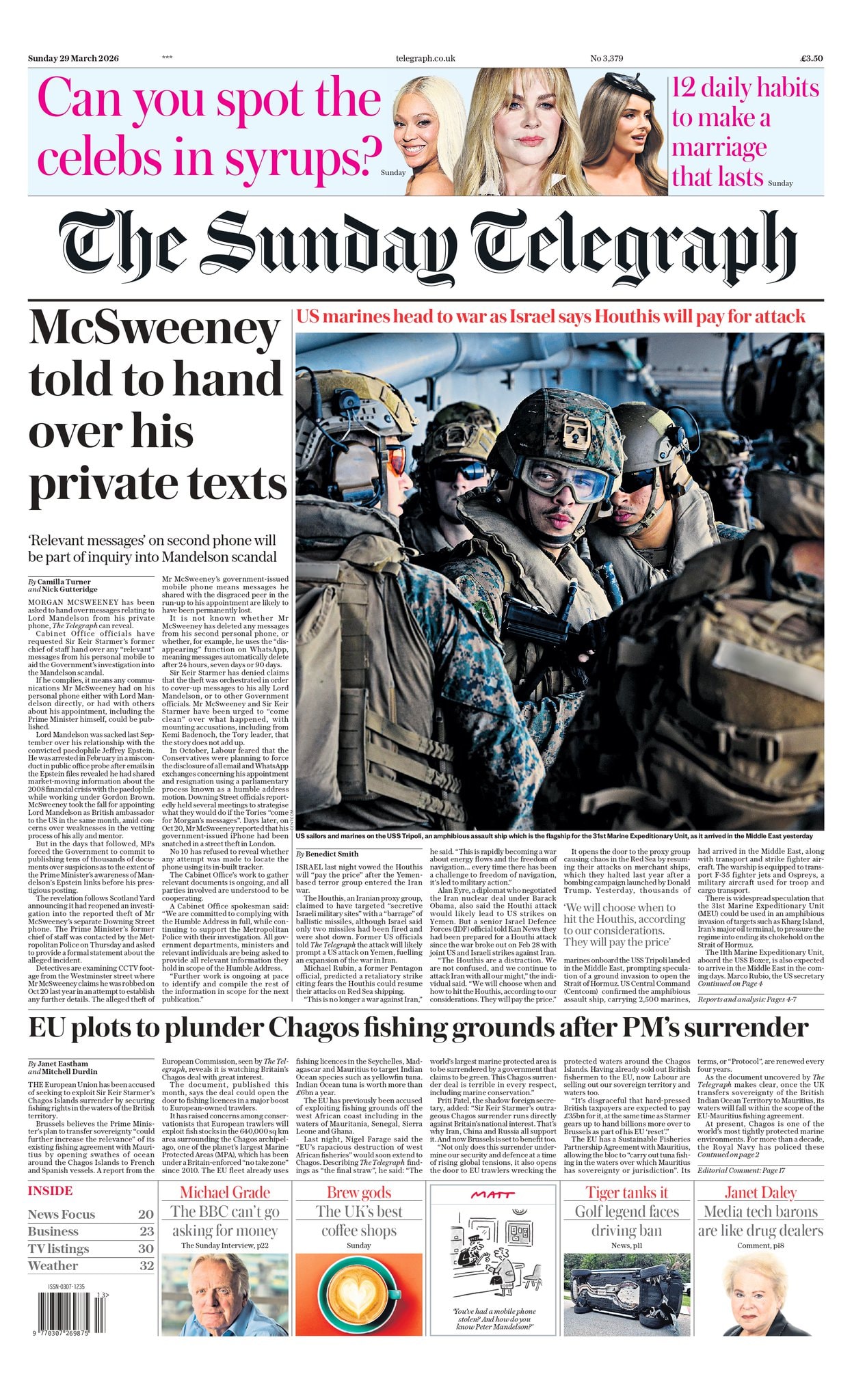 Front page of Sunday Telegraph, 29 March 2026
