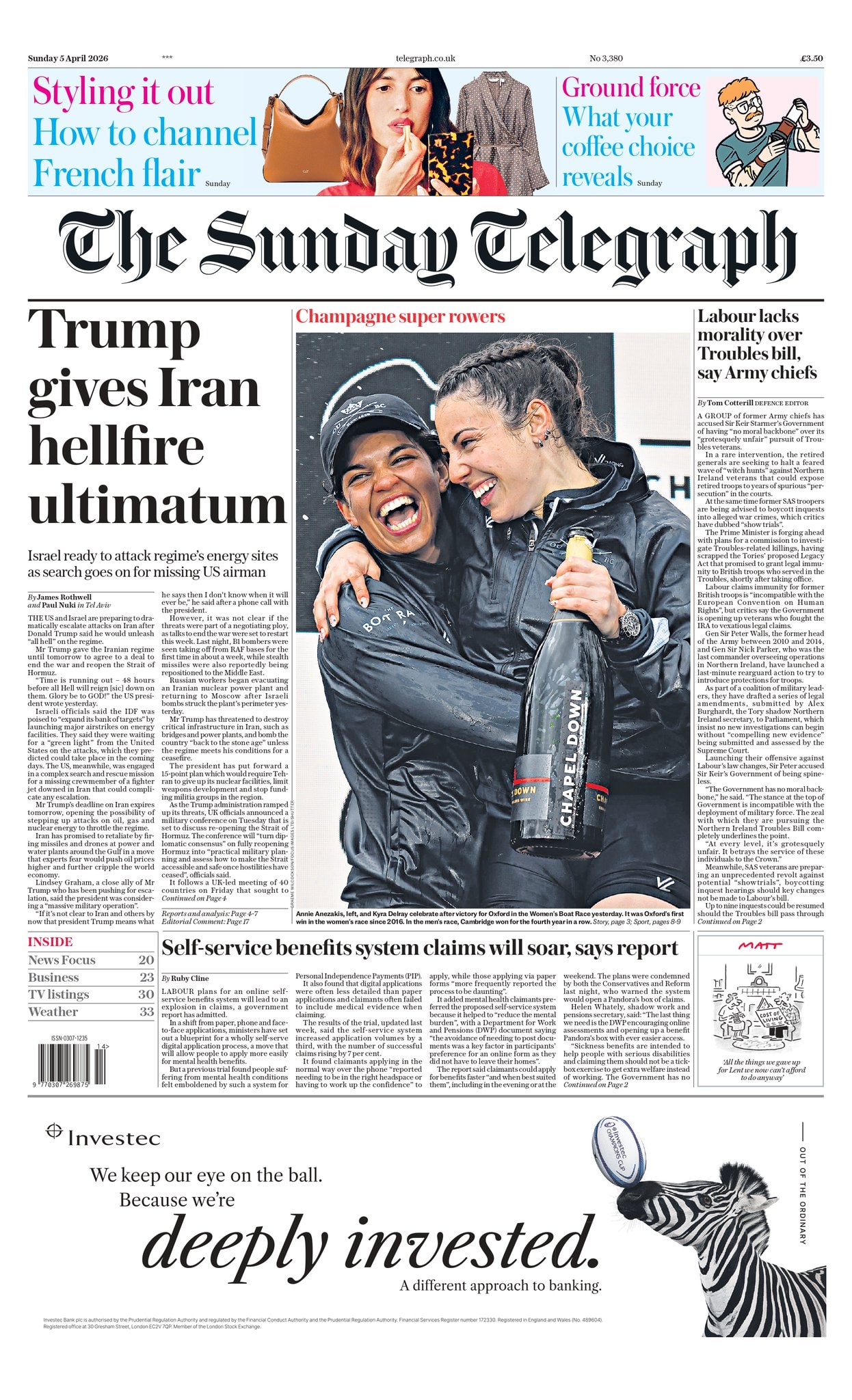 Front page of Sunday Telegraph, 5 April 2026