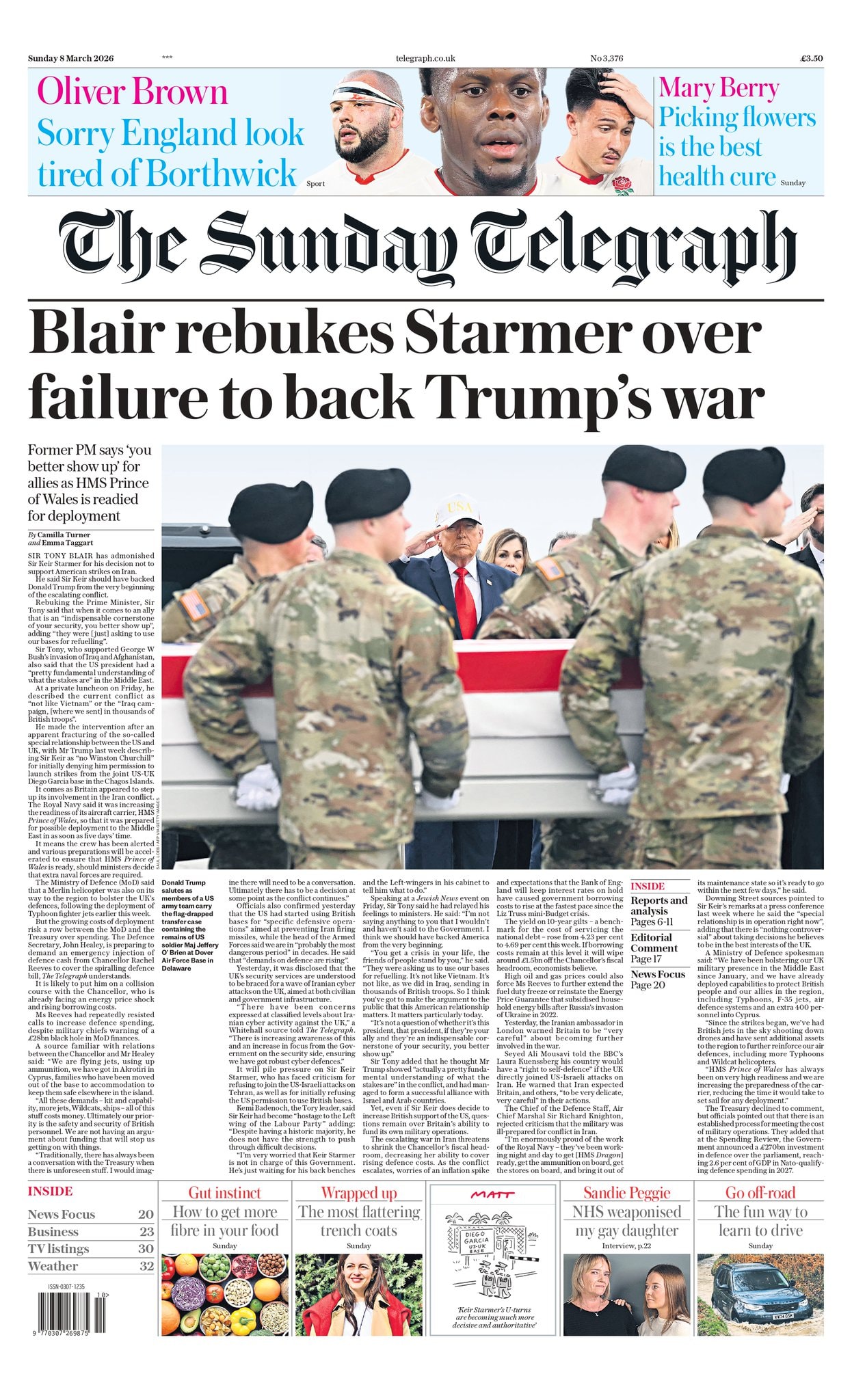 Front page of Sunday Telegraph, 8 March 2026