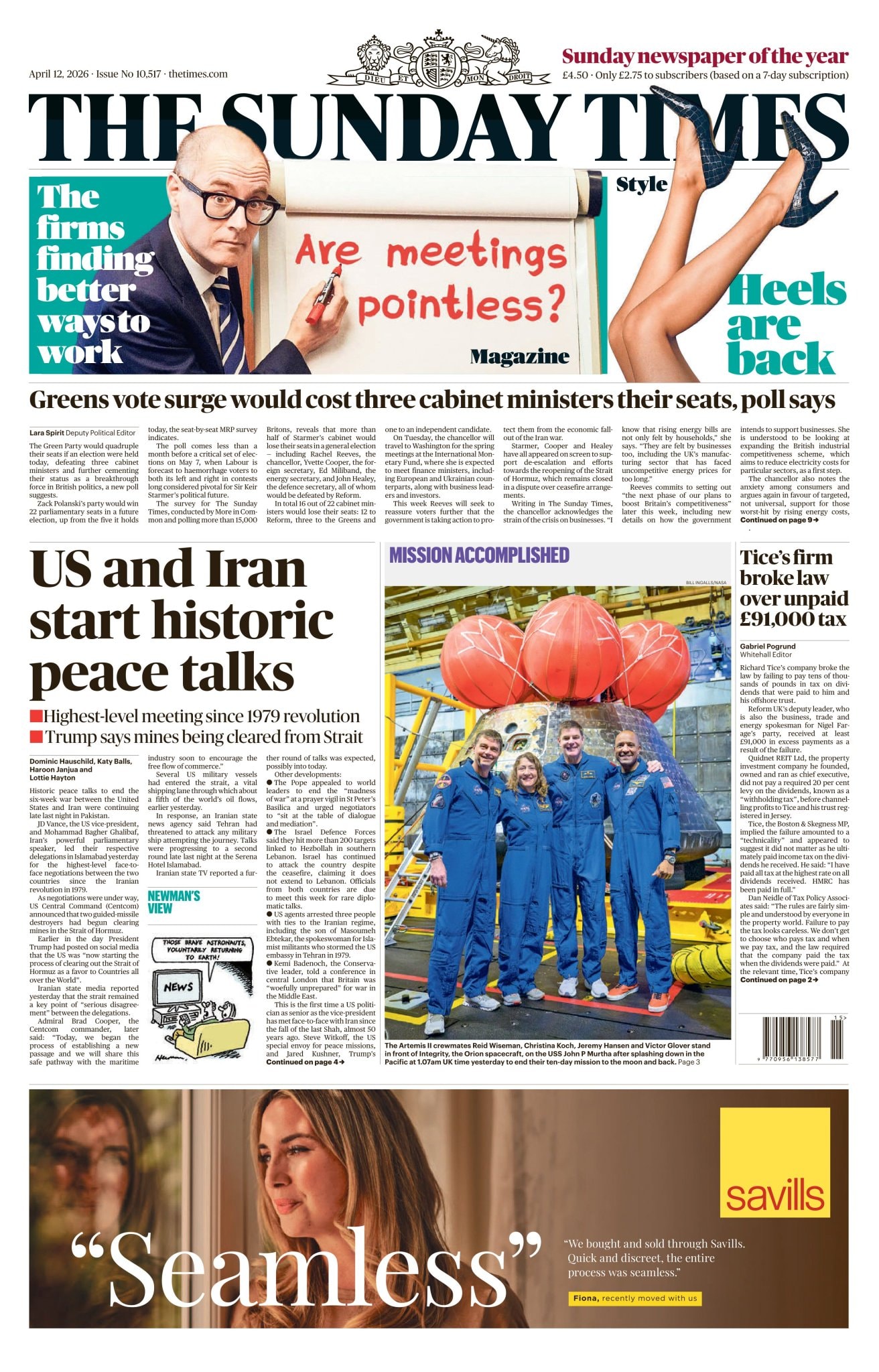 Front page of Sunday Times, 12 April 2026