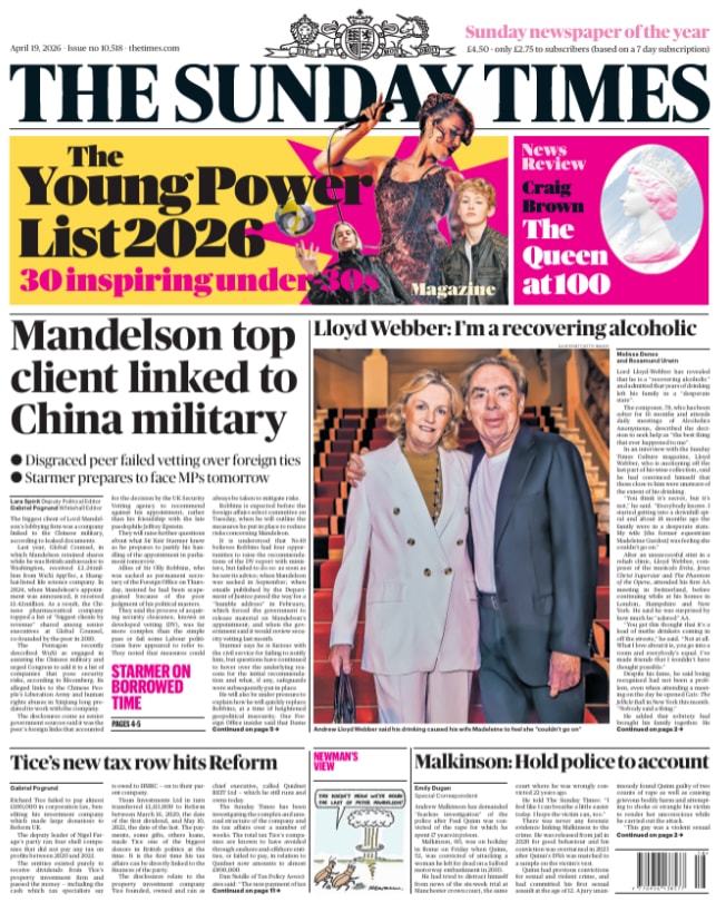 Front page of Sunday Times, 19 April 2026