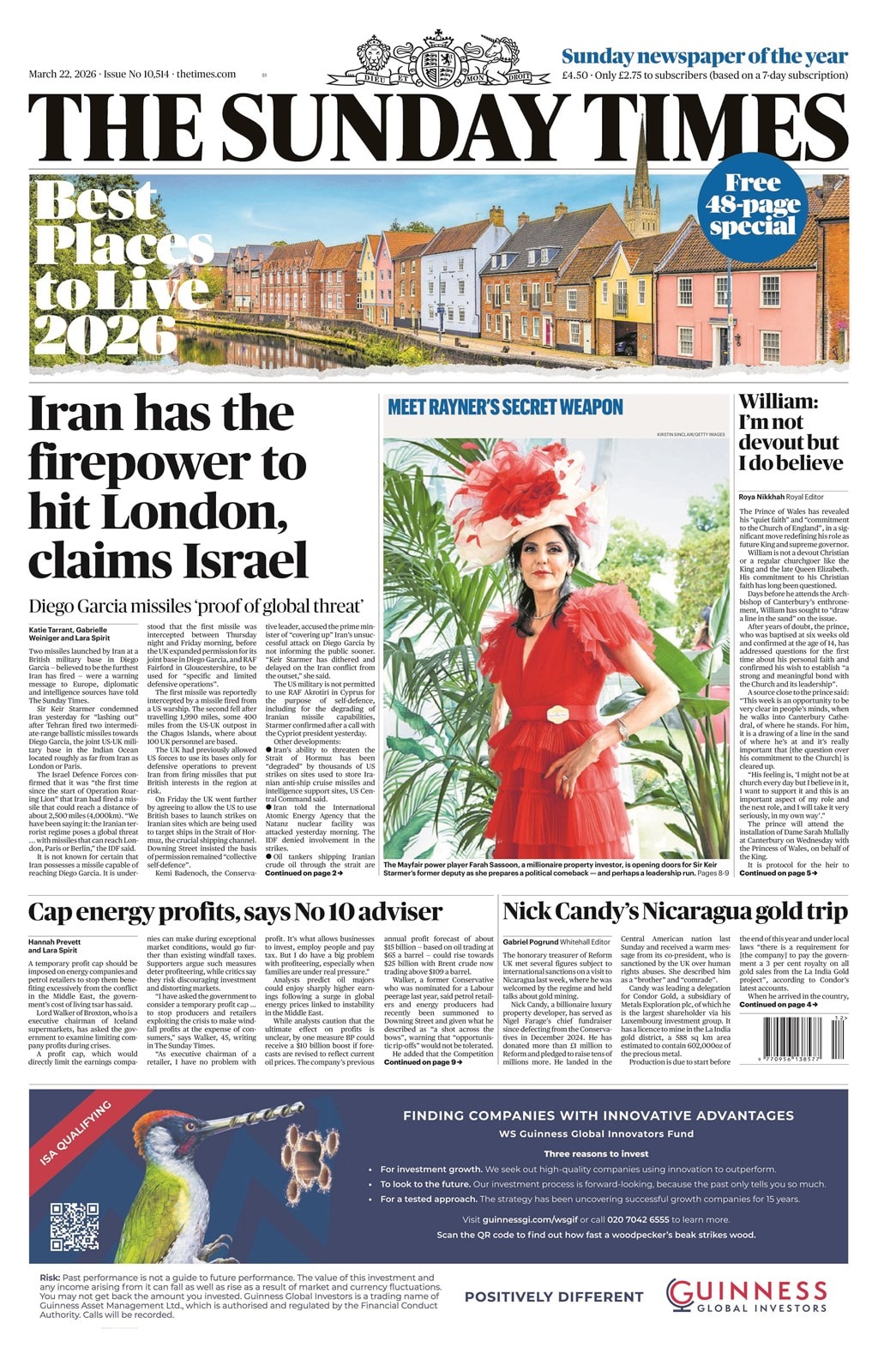 Front page of Sunday Times, 22 March 2026