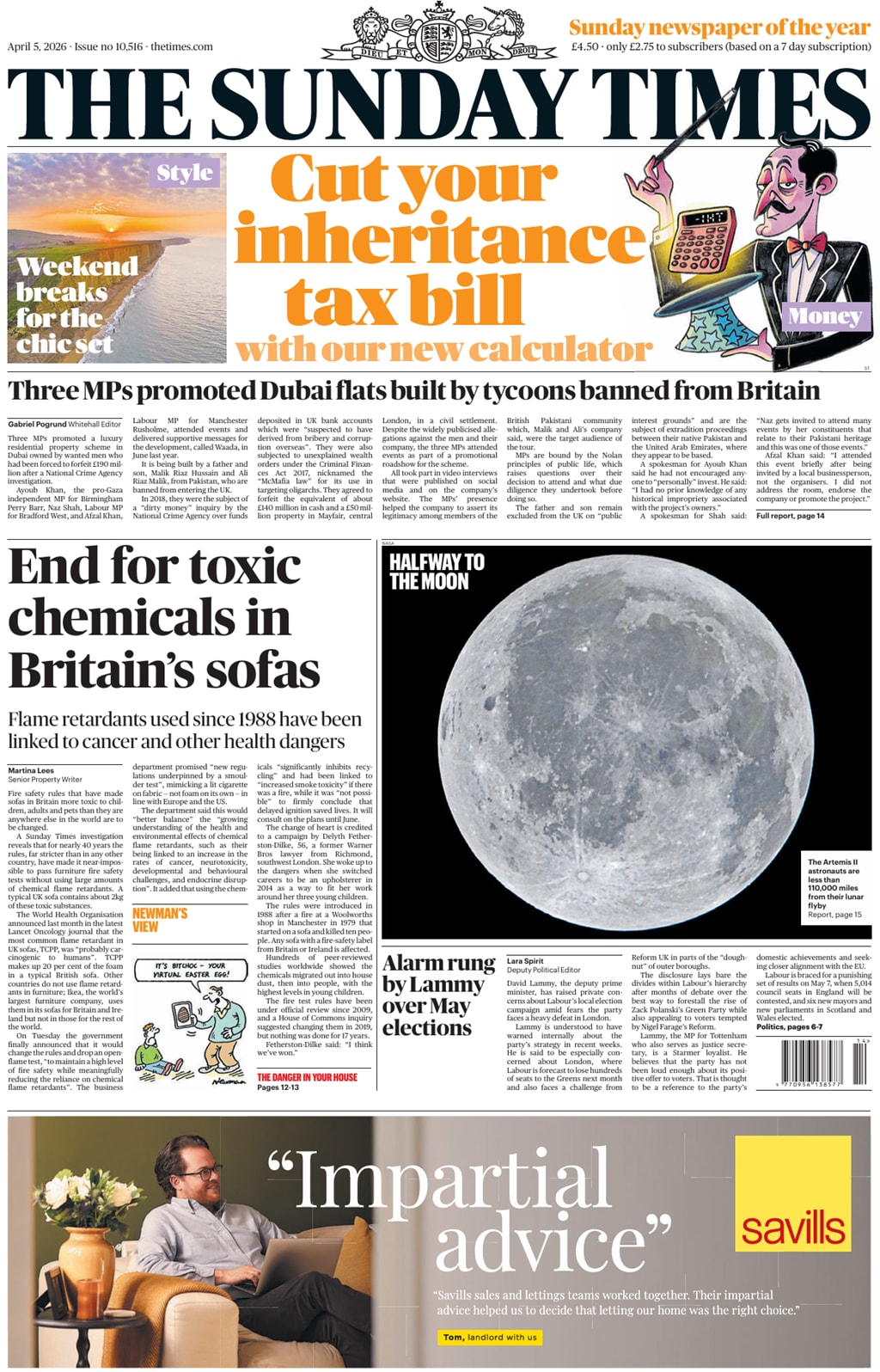 Front page of Sunday Times, 5 April 2026