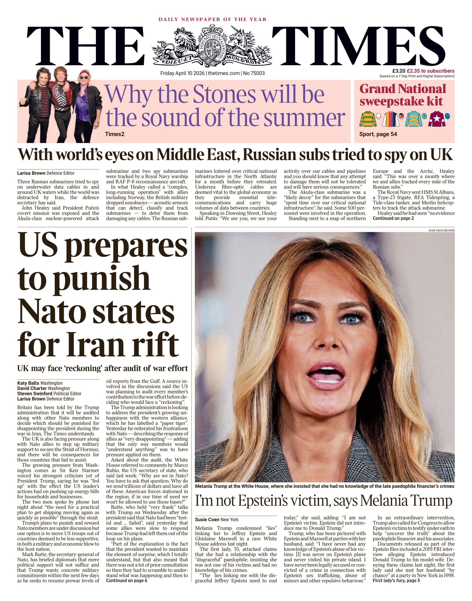 Front page of Times, 10 April 2026