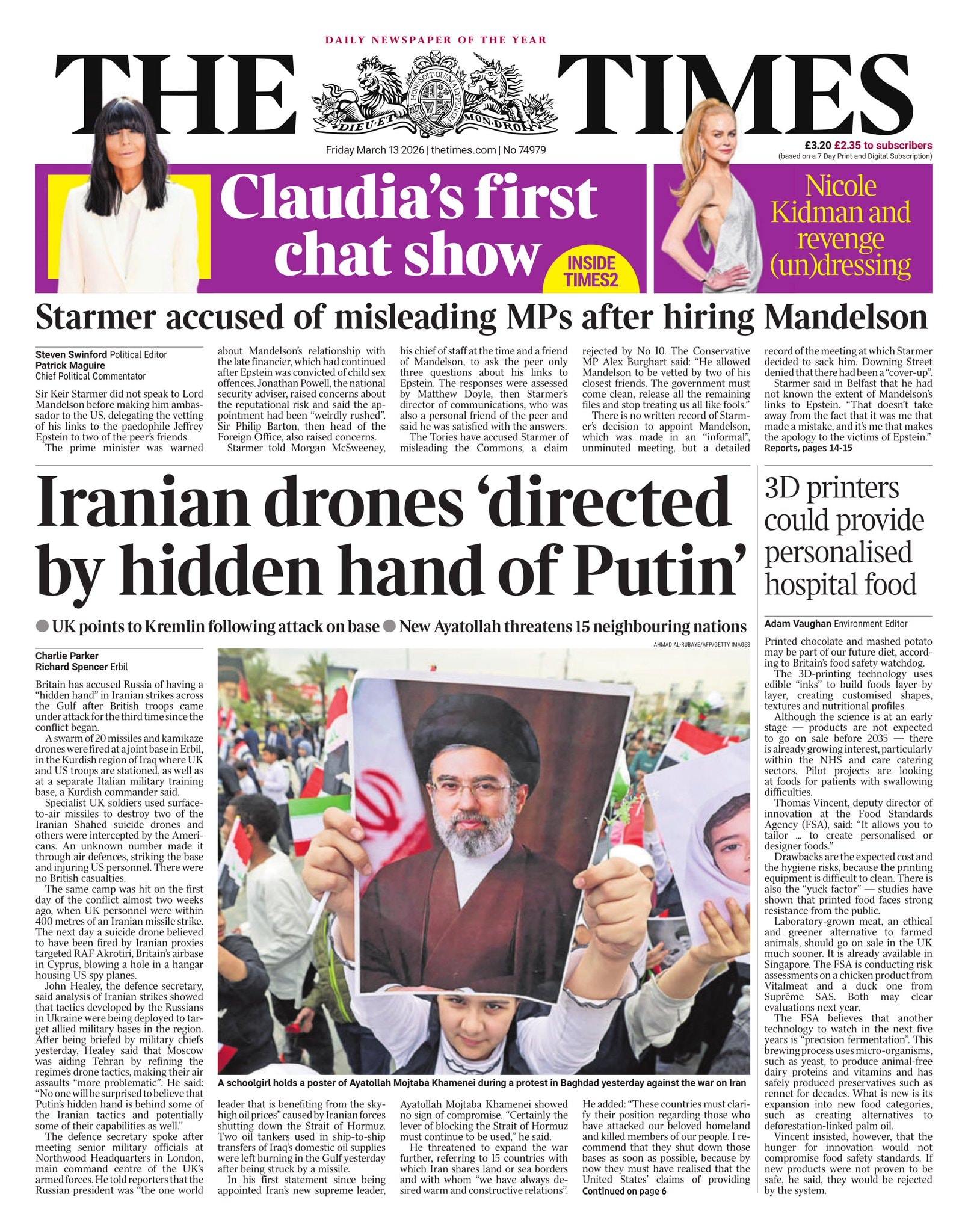 Front page of Times, 13 March 2026