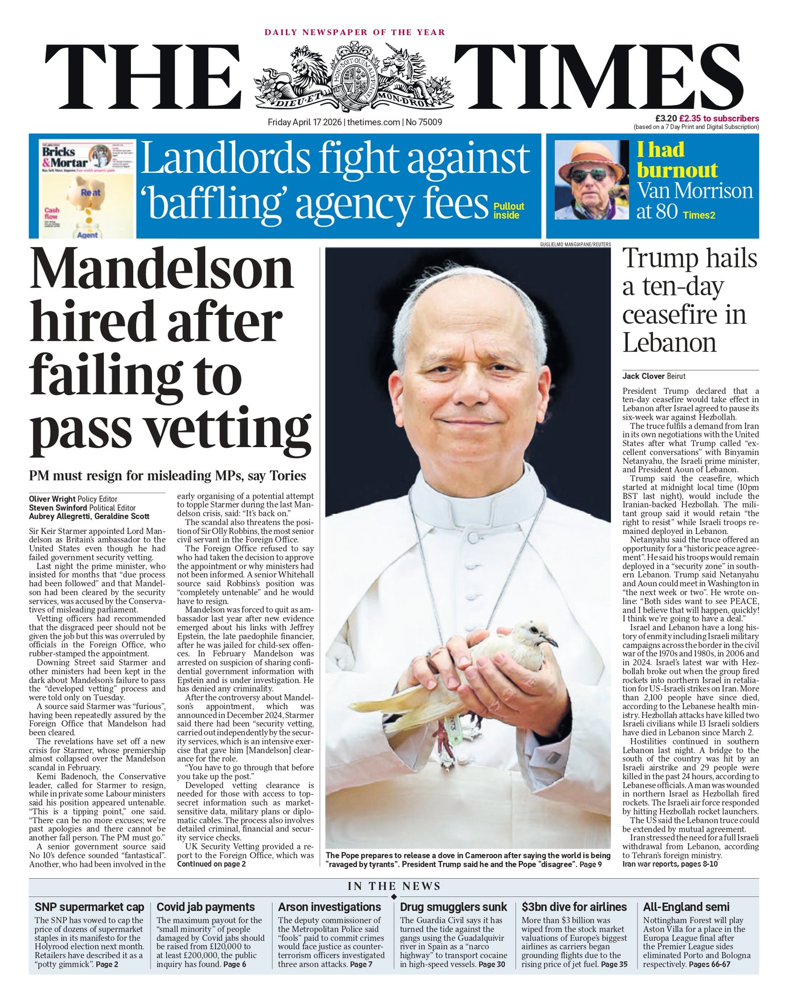 Front page of Times, 17 April 2026