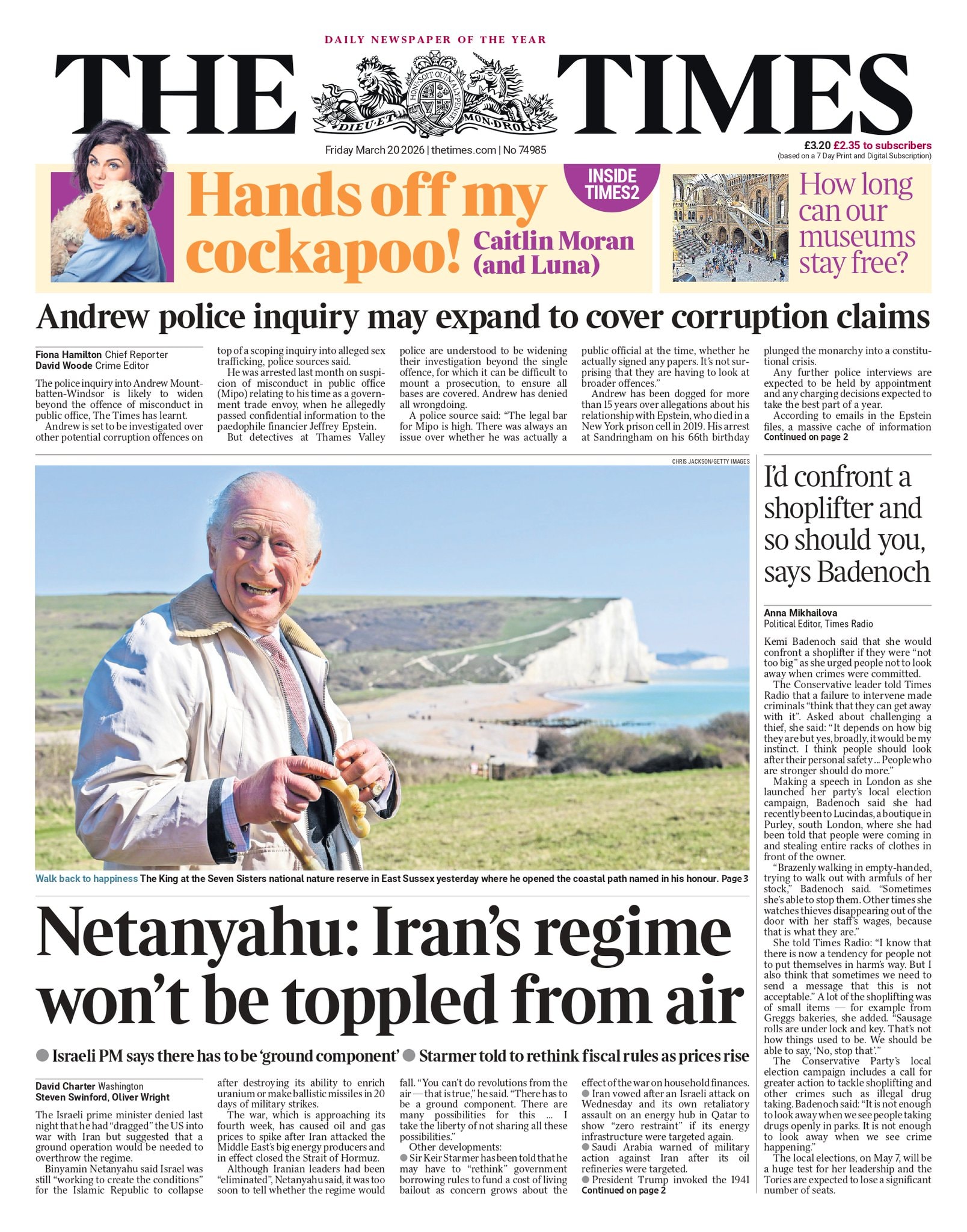 Front page of Times, 20 March 2026