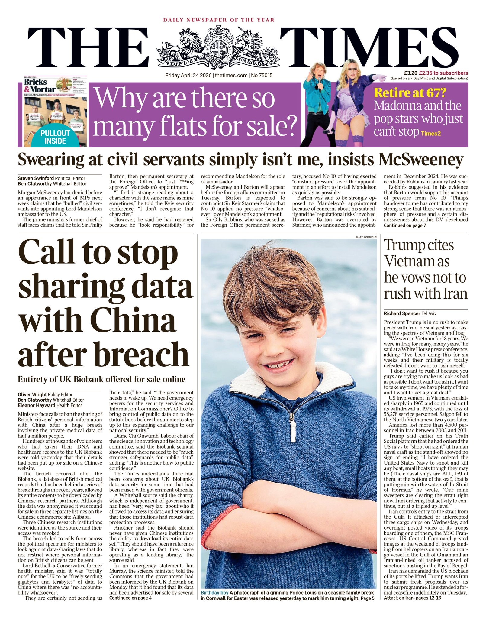 Front page of Times, 24 April 2026