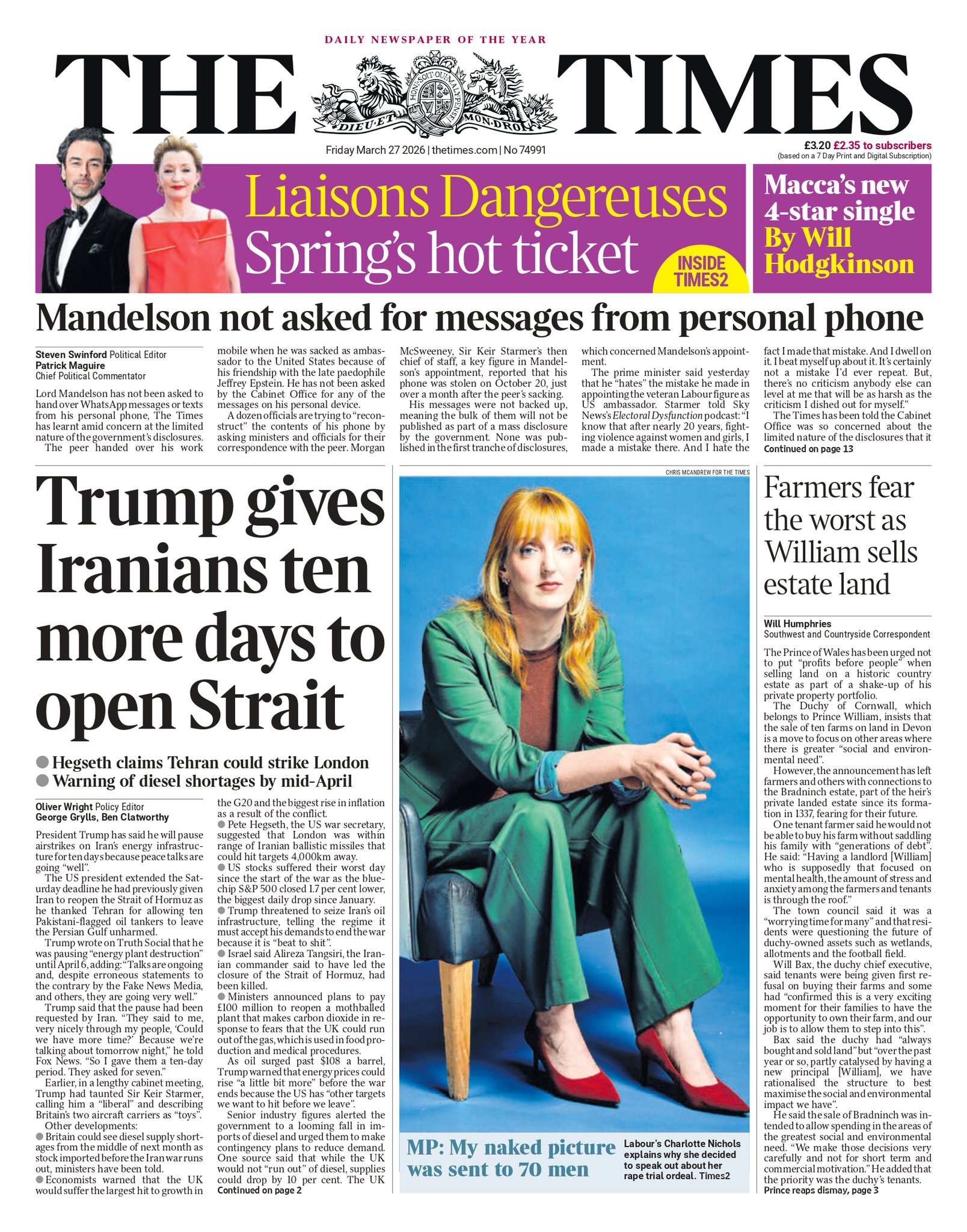 Front page of Times, 27 March 2026