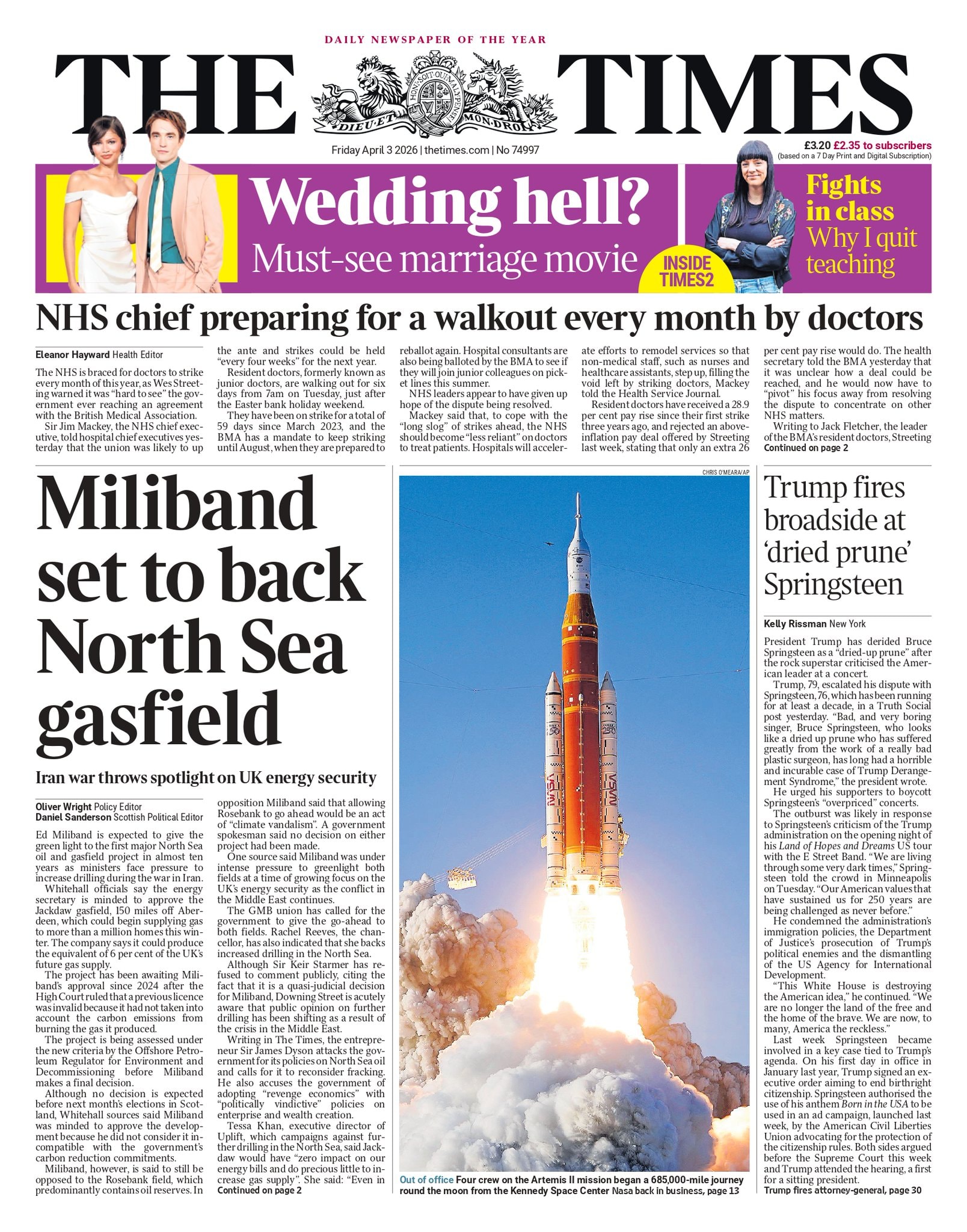 Front page of Times, 3 April 2026