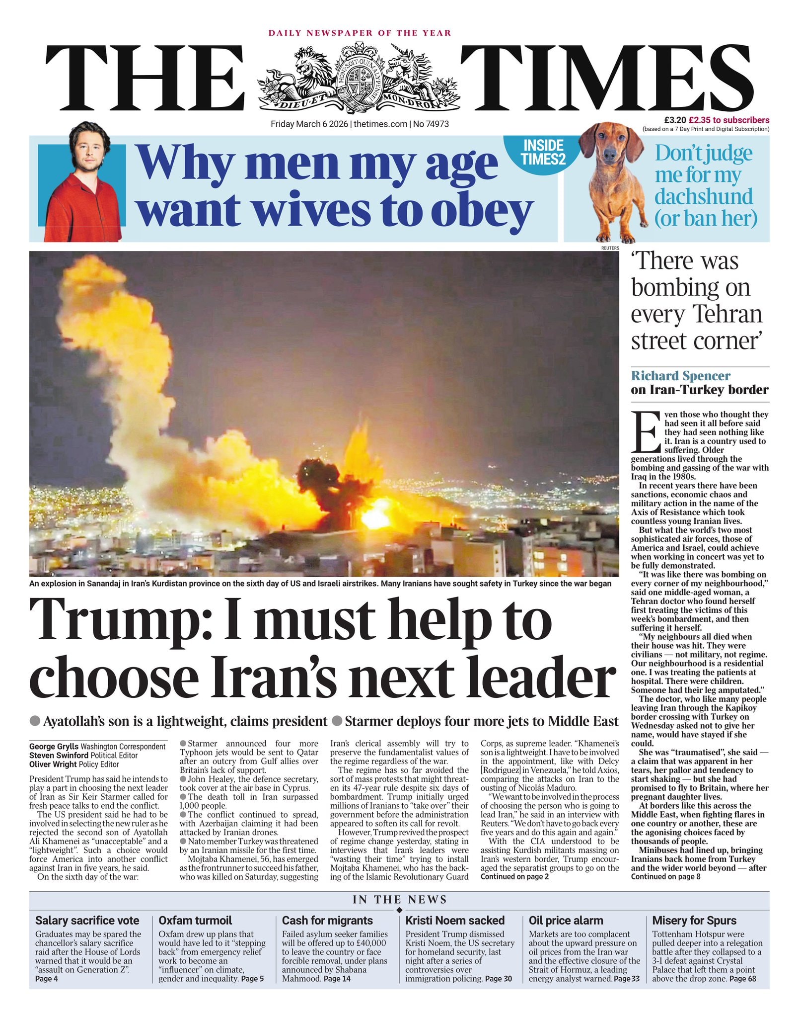 Front page of Times, 6 March 2026