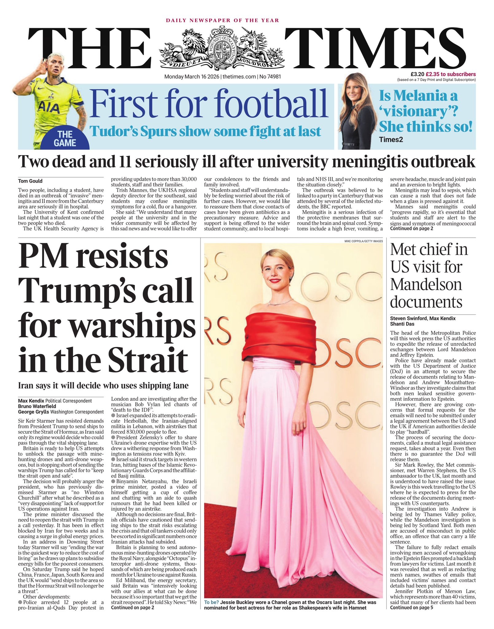 Front page of Times, 16 March 2026