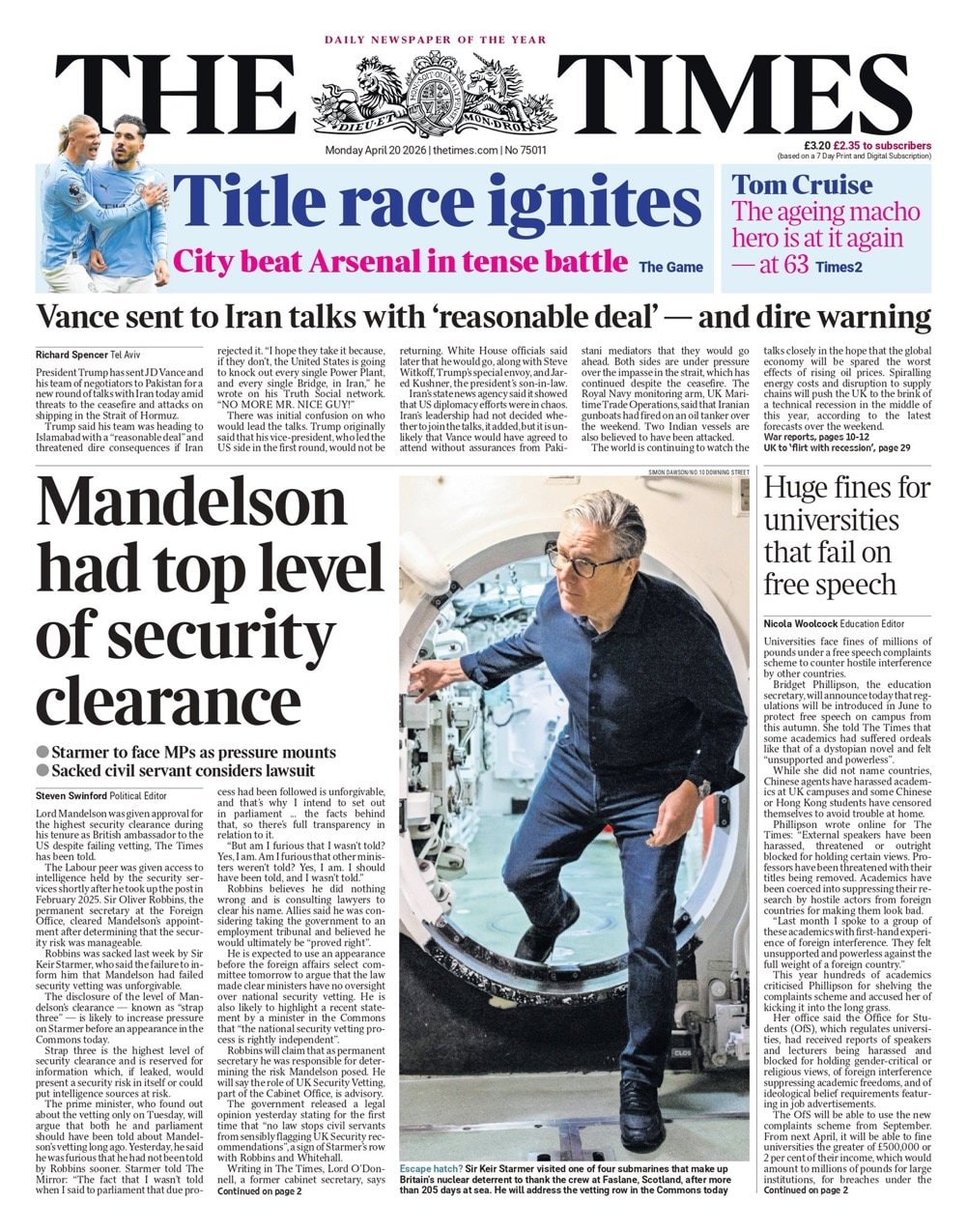 Front page of Times, 20 April 2026