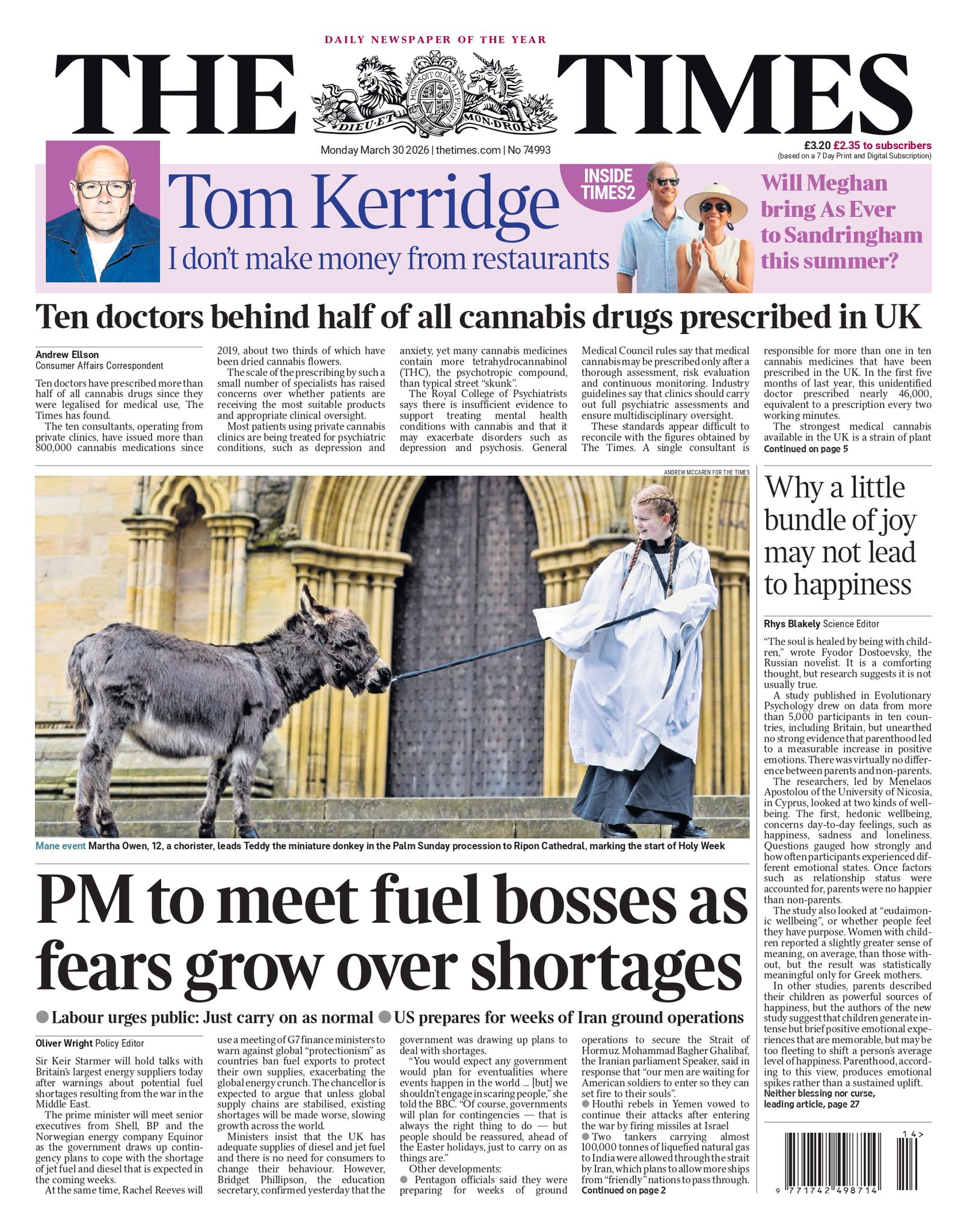 Front page of Times, 30 March 2026