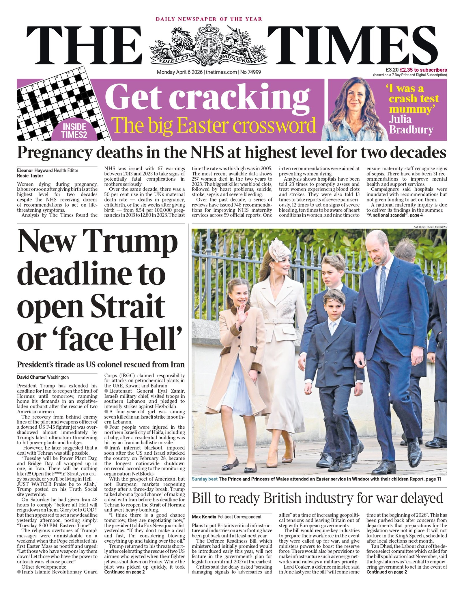 Front page of Times, 6 April 2026