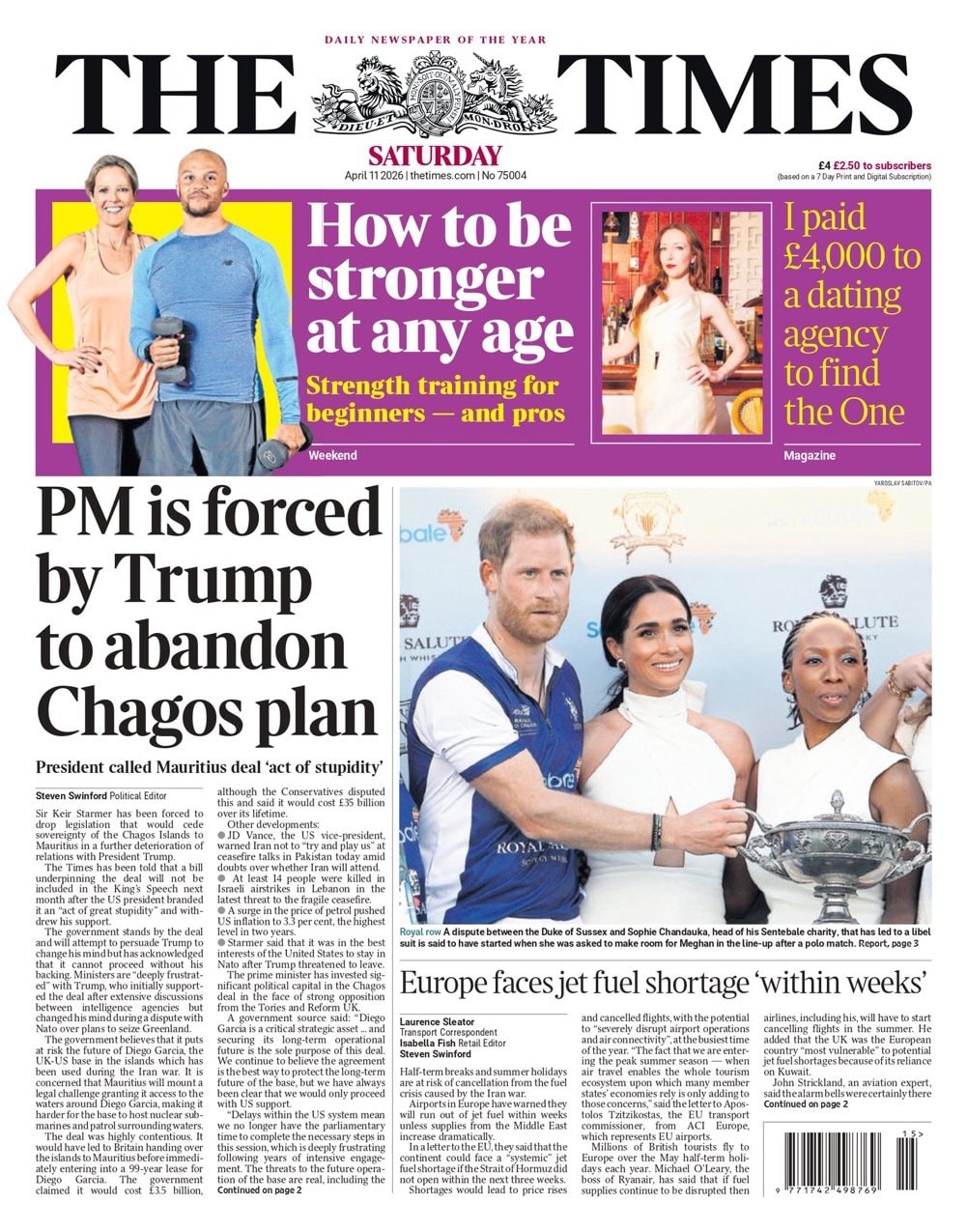 Front page of Times, 11 April 2026