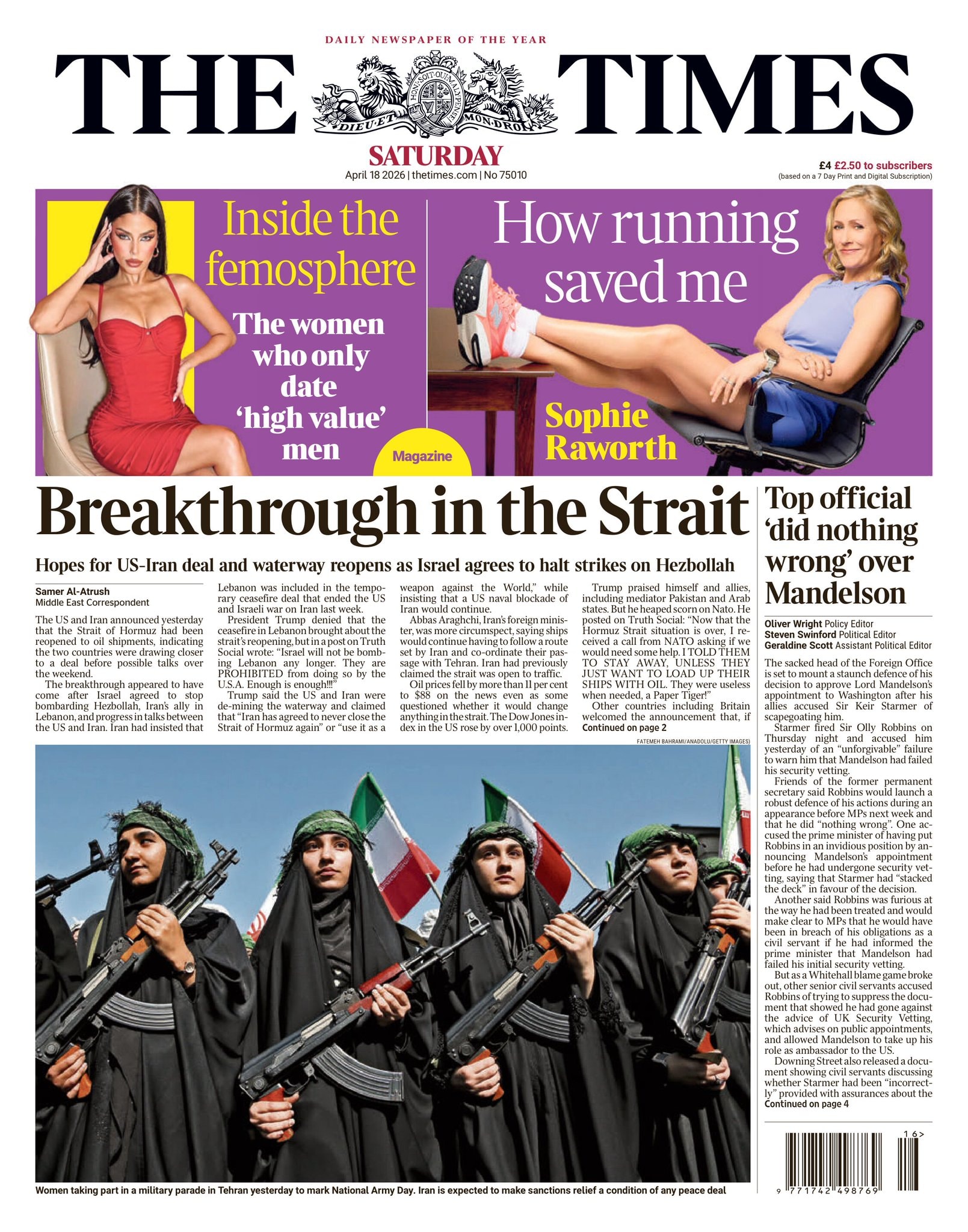 Front page of Times, 18 April 2026