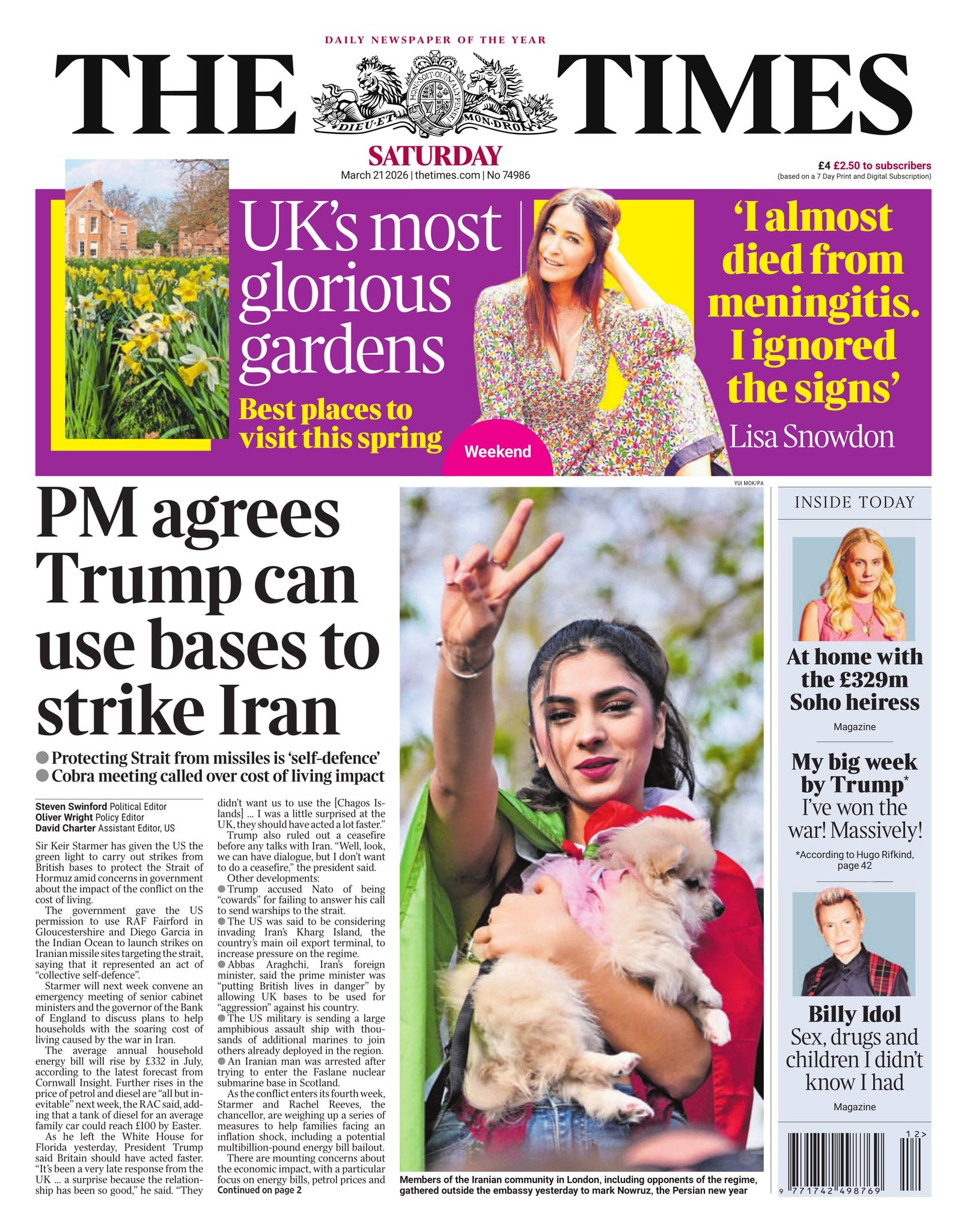 Front page of Times, 21 March 2026