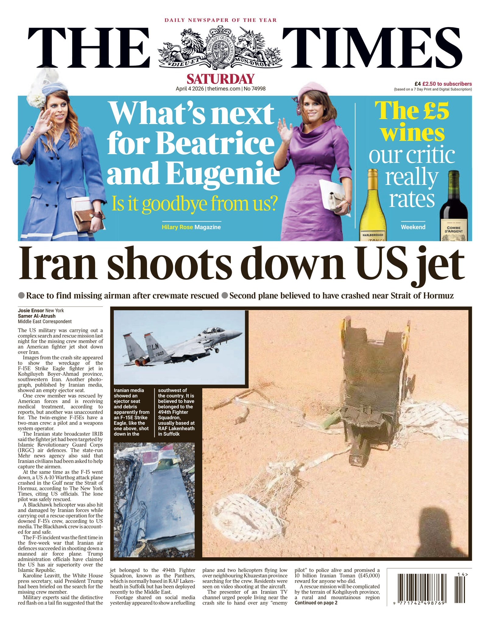 Front page of Times, 4 April 2026