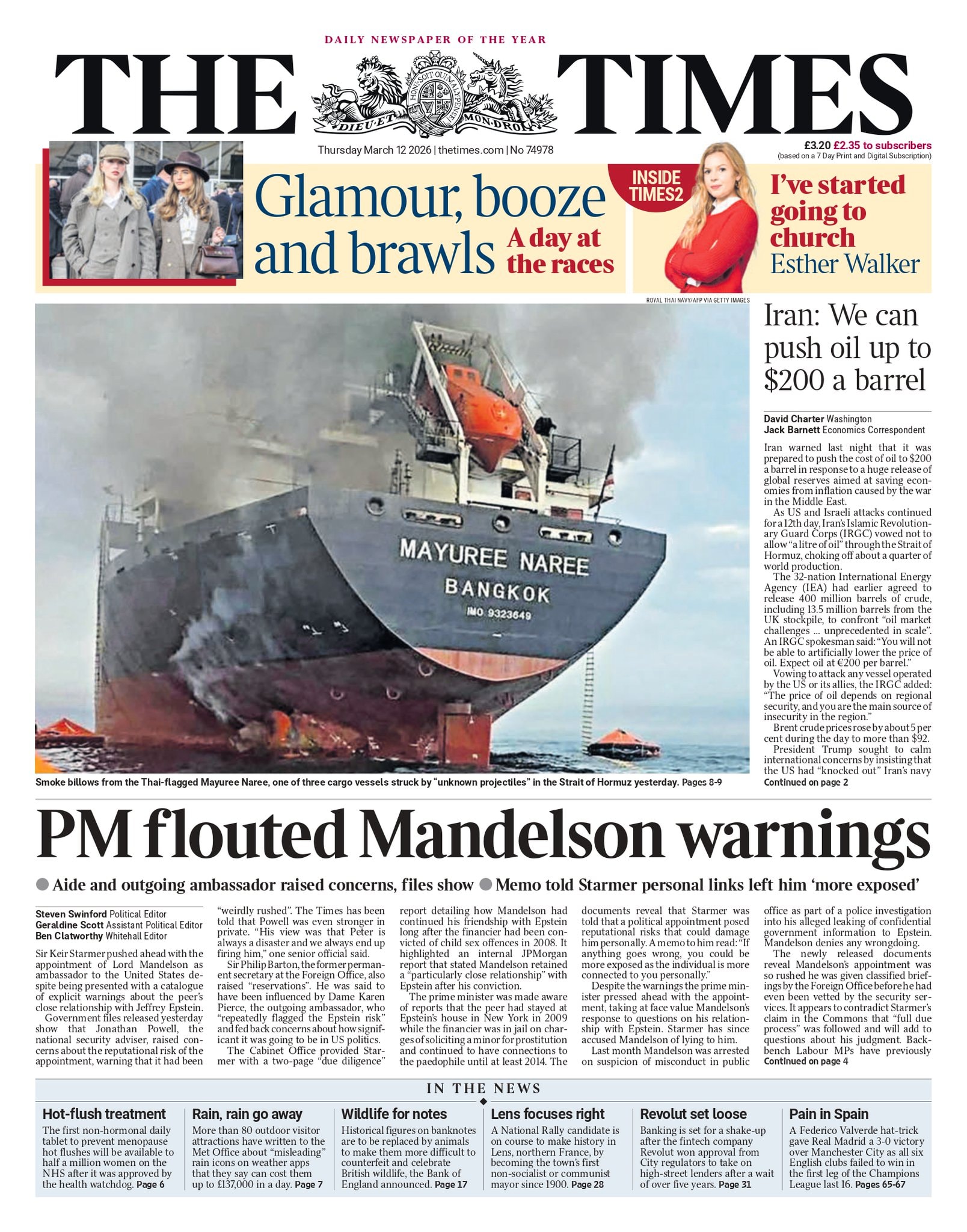Front page of Times, 12 March 2026