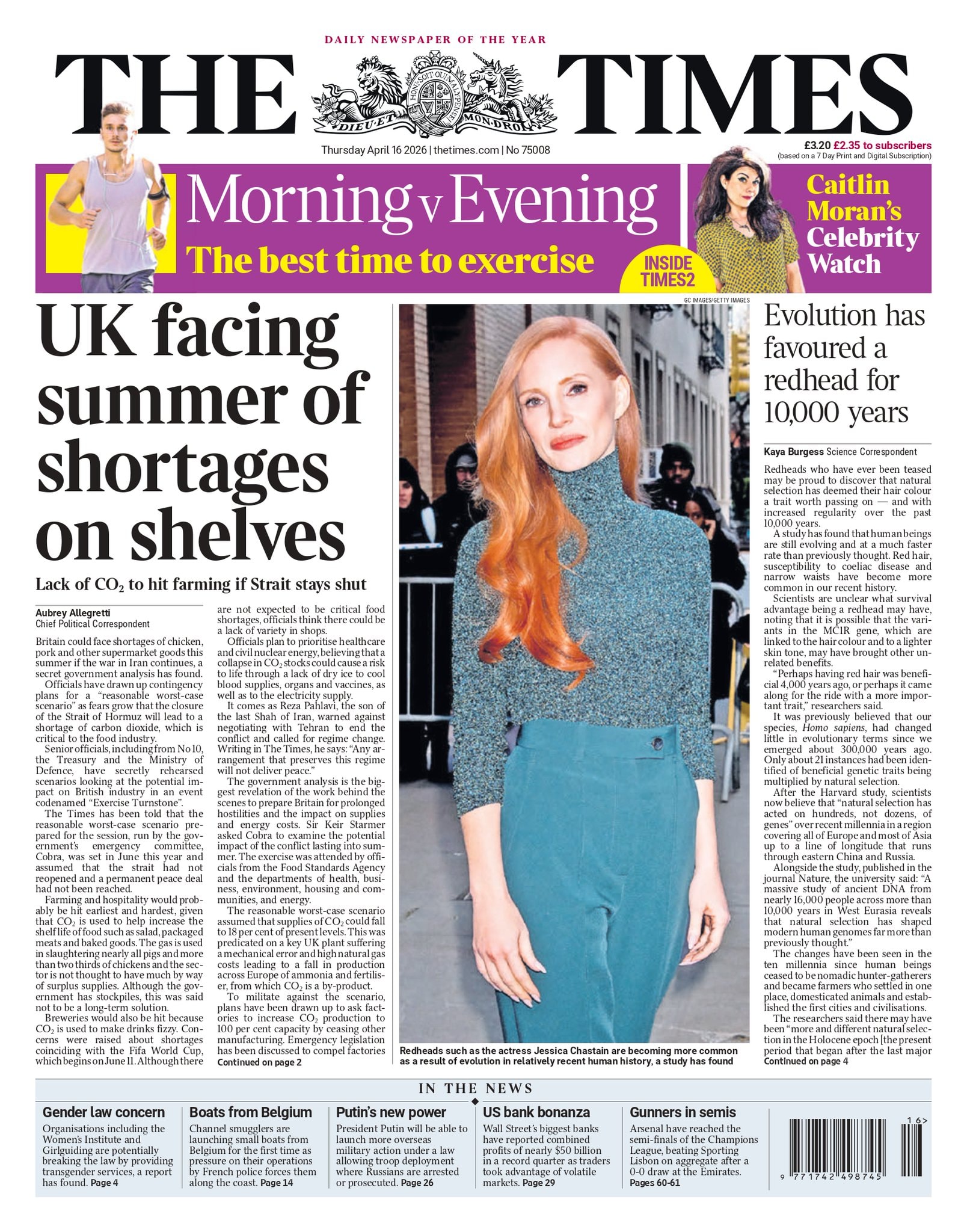 Front page of Times, 16 April 2026