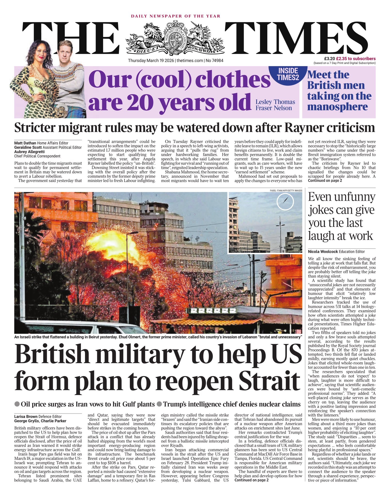 Front page of Times, 19 March 2026