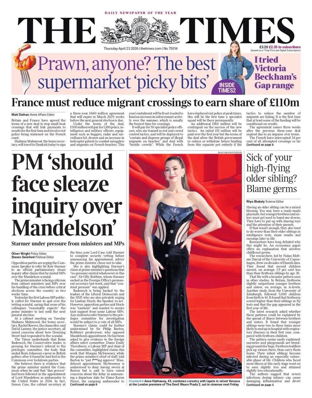 Front page of Times, 23 April 2026
