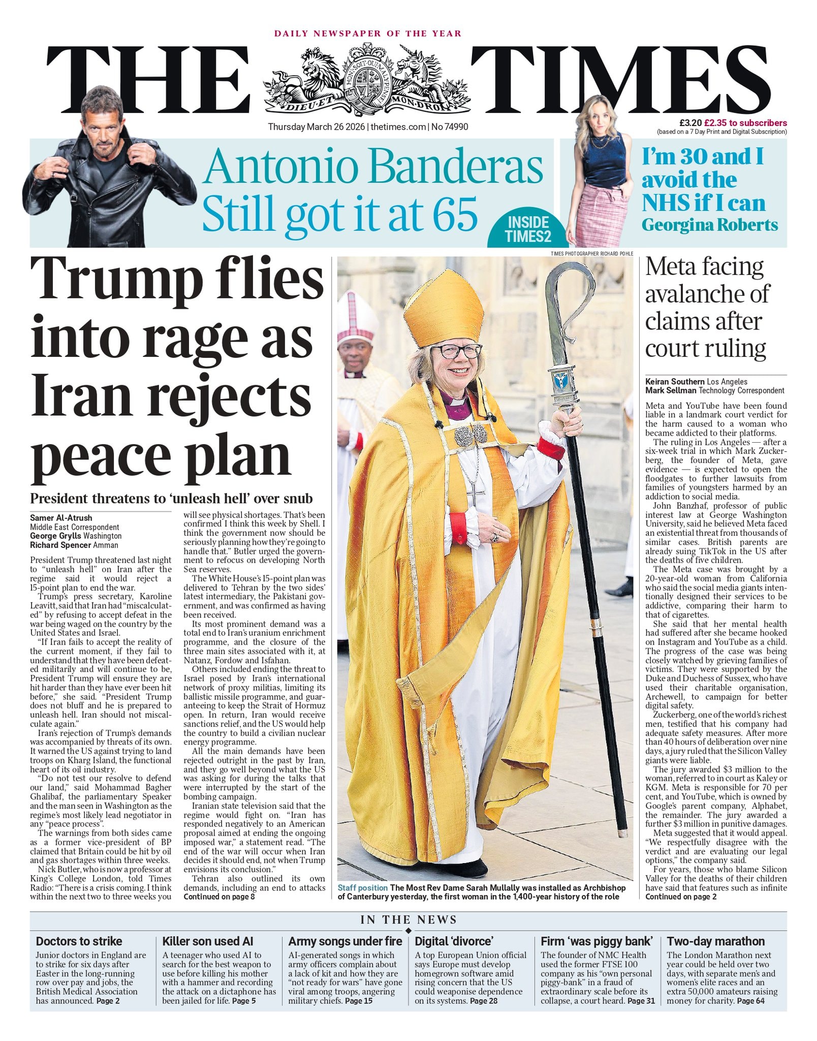 Front page of Times, 26 March 2026