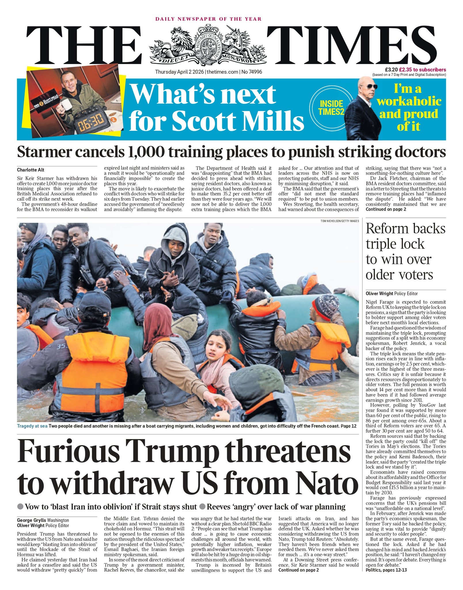 Front page of Times, 2 April 2026
