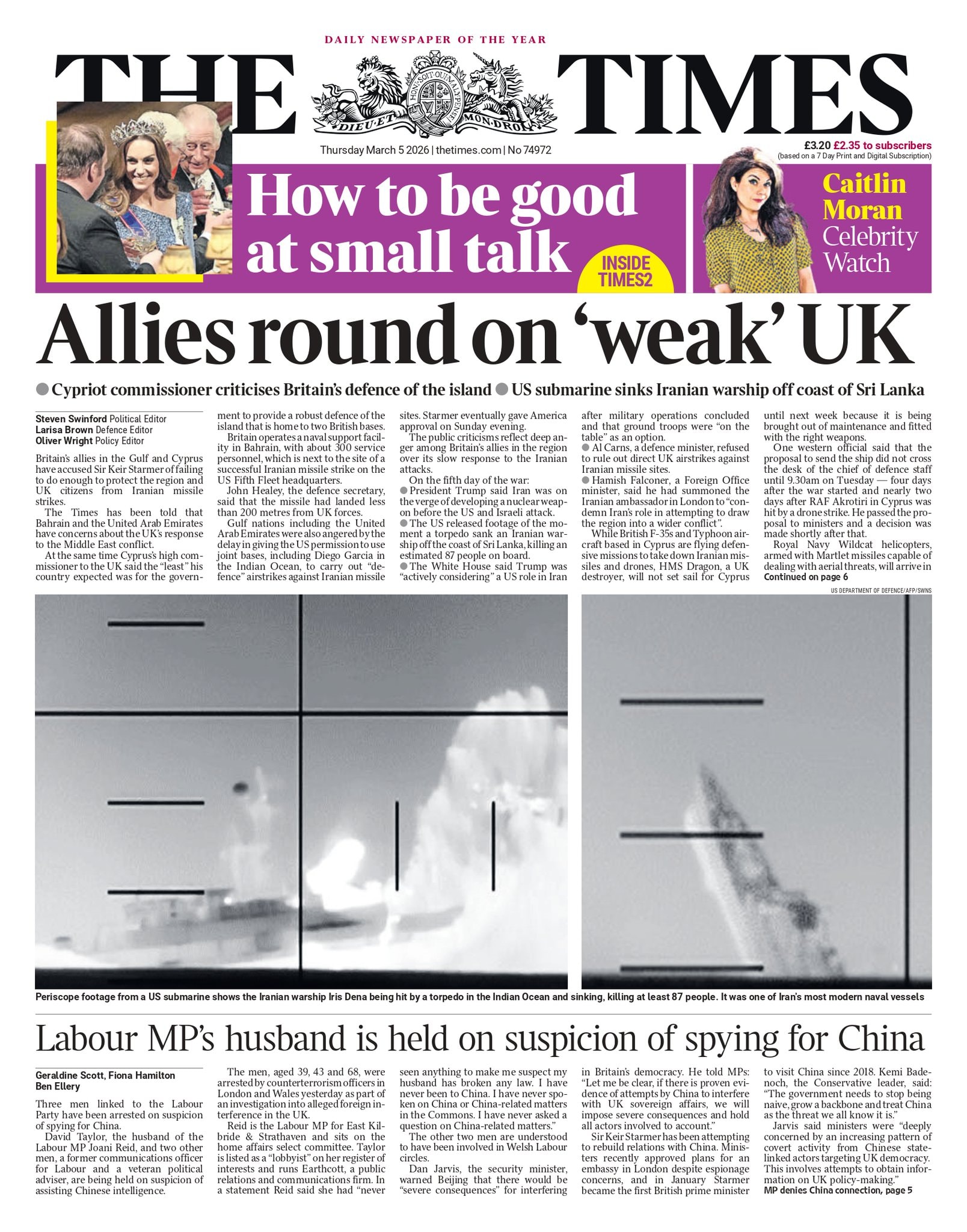 Front page of Times, 5 March 2026
