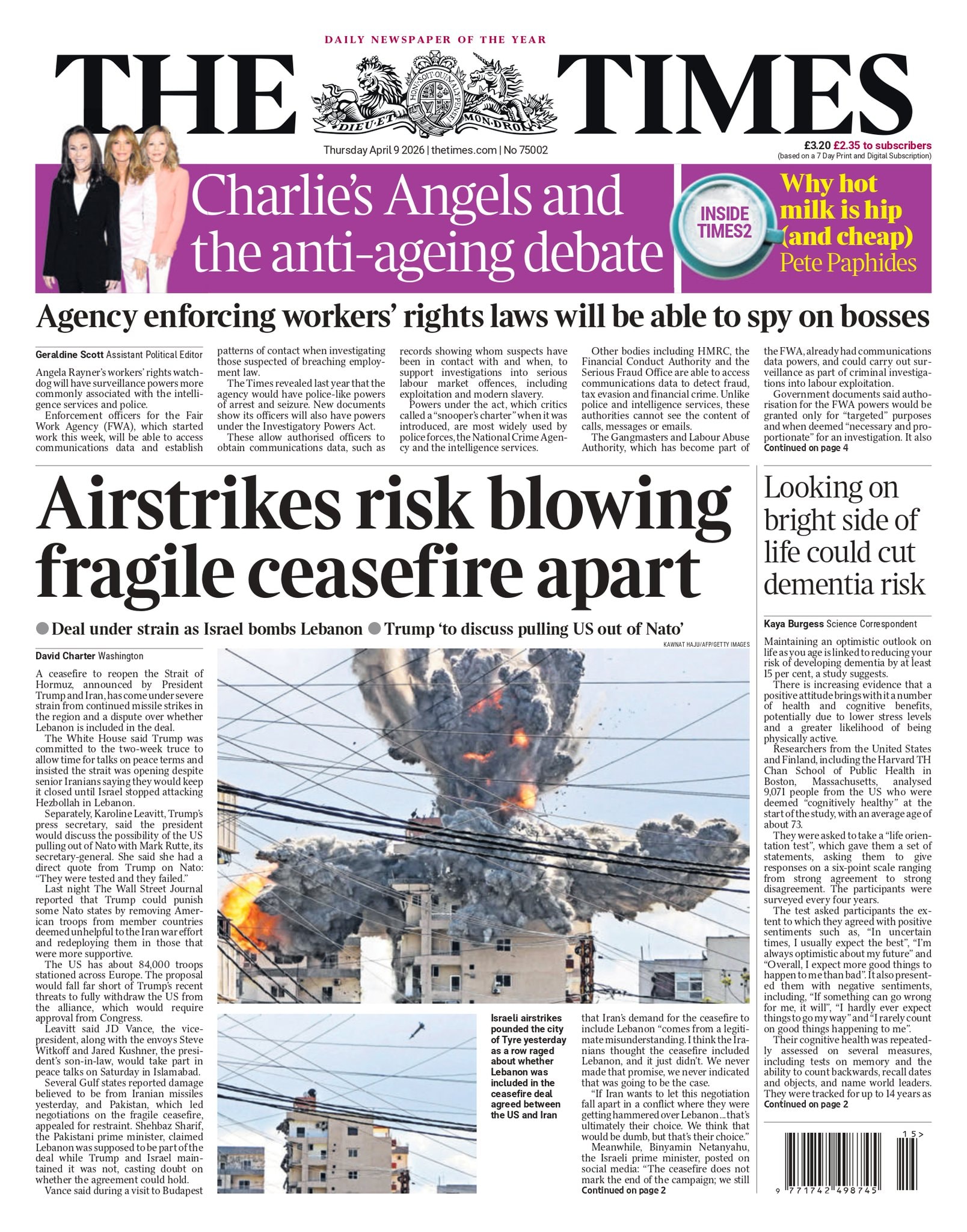 Front page of Times, 9 April 2026