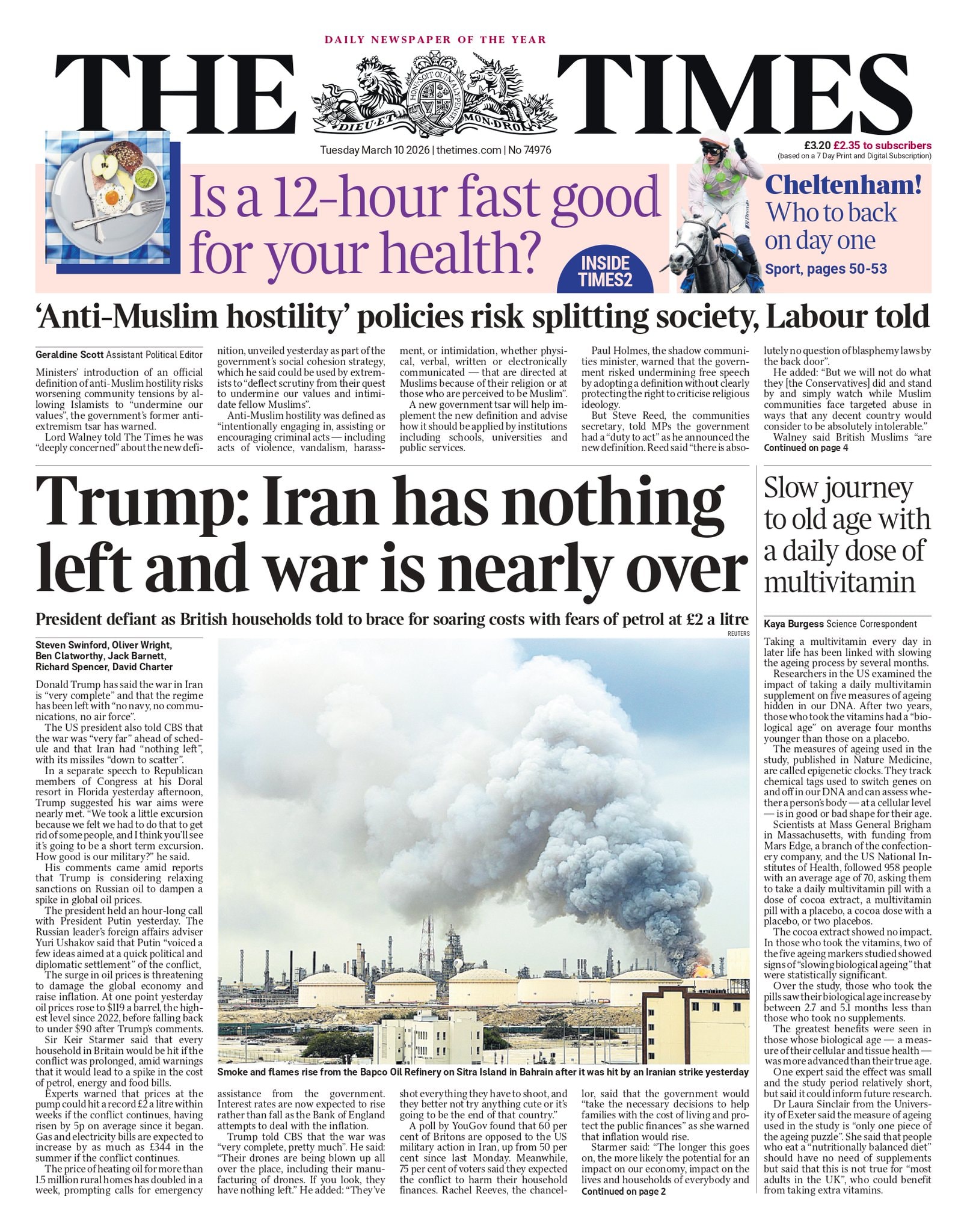 Front page of Times, 10 March 2026