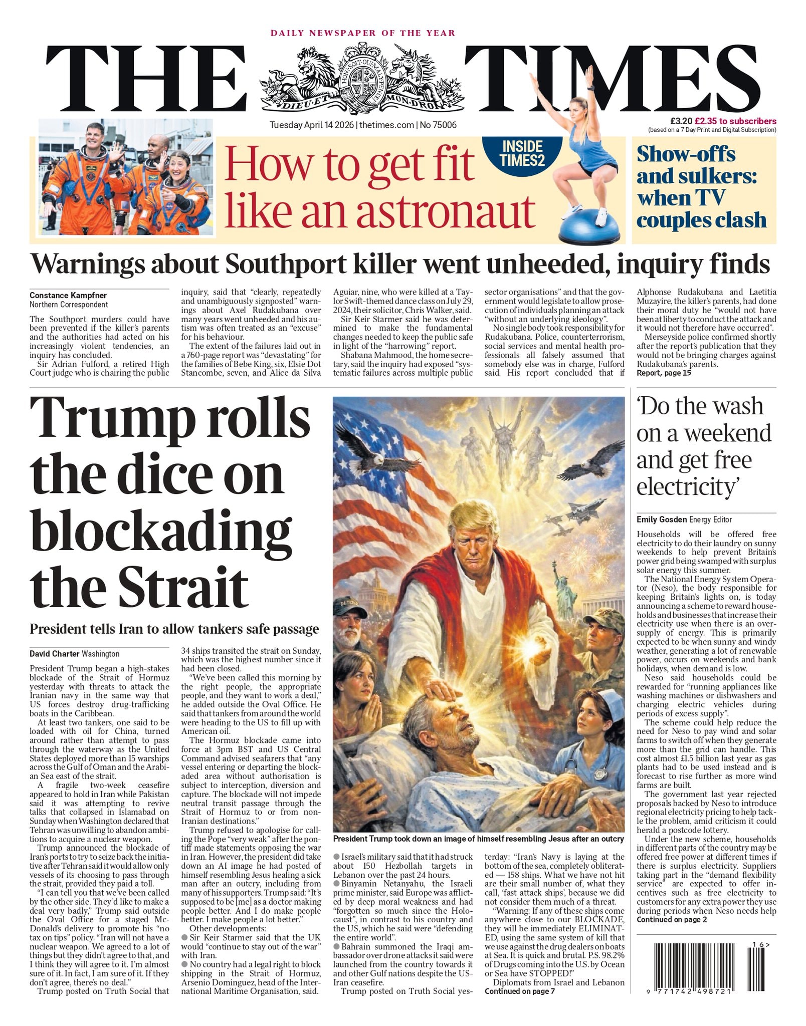 Front page of Times, 14 April 2026
