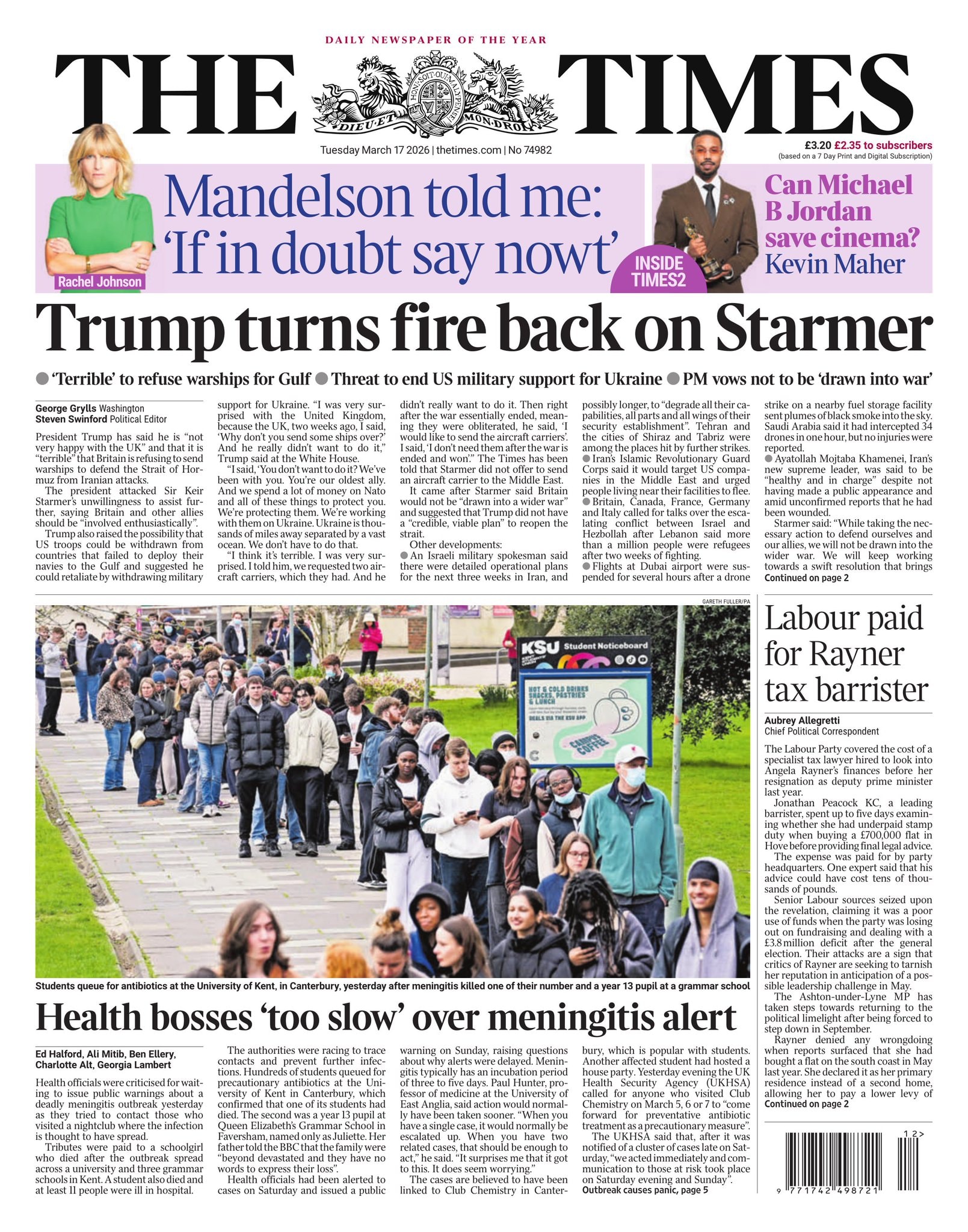Front page of Times, 17 March 2026