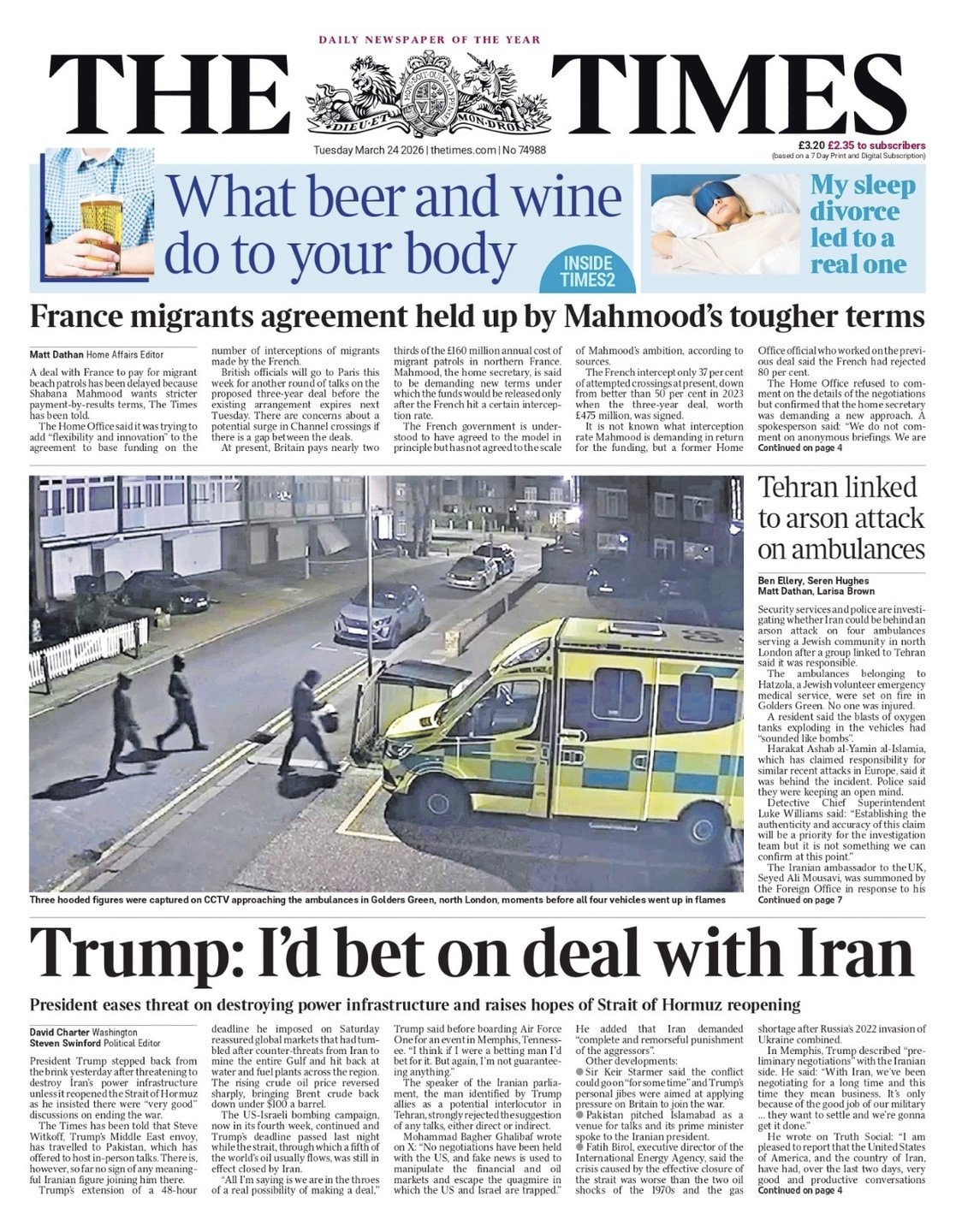 Front page of Times, 24 March 2026