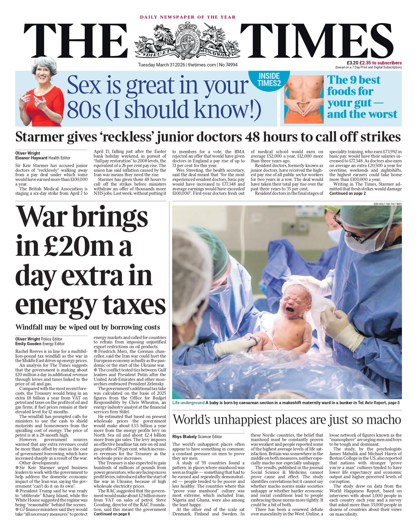 Front page of Times, 31 March 2026