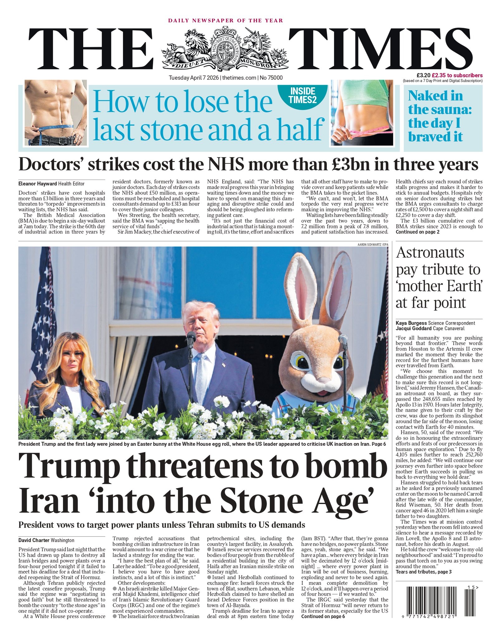 Front page of Times, 7 April 2026