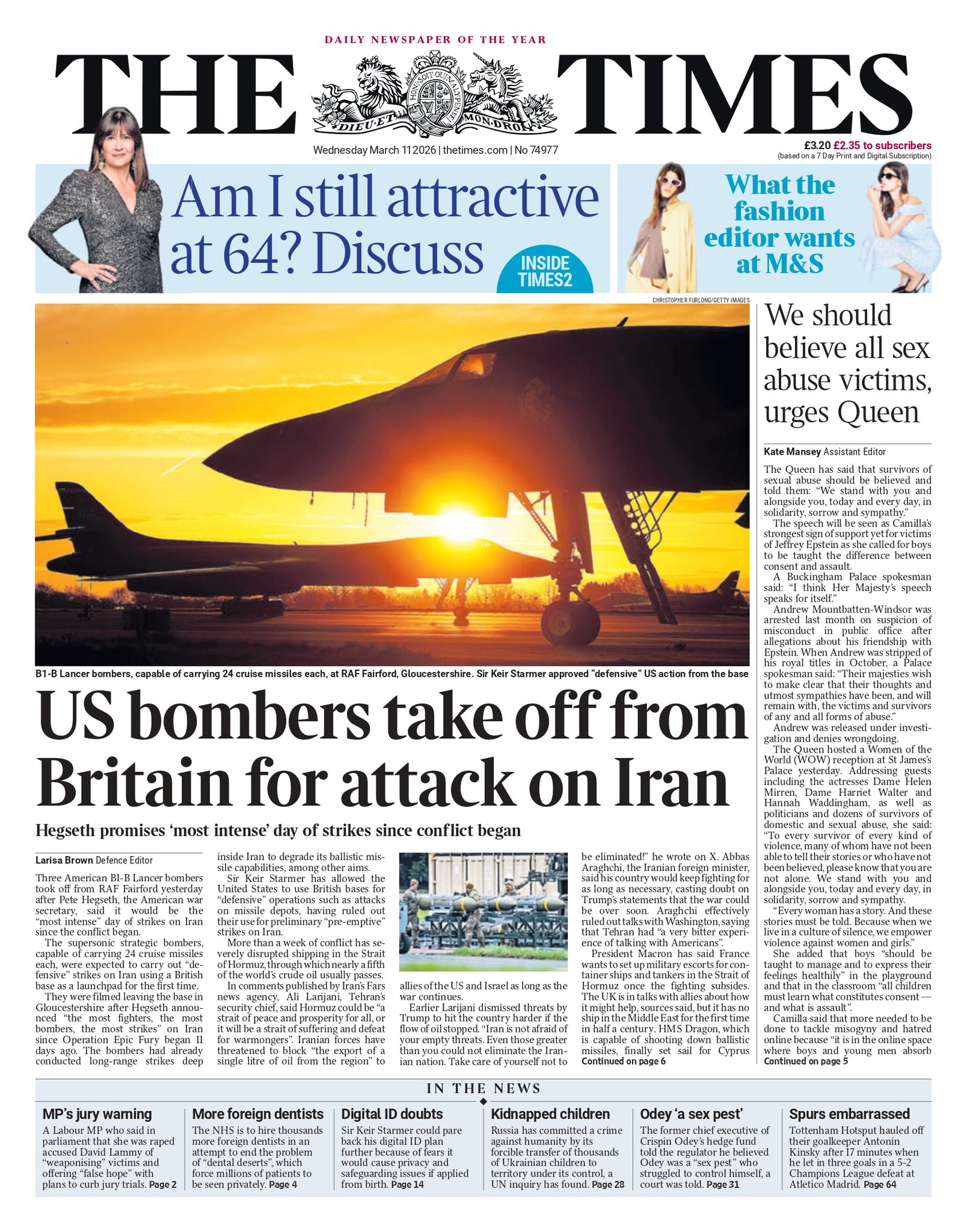 Front page of Times, 11 March 2026