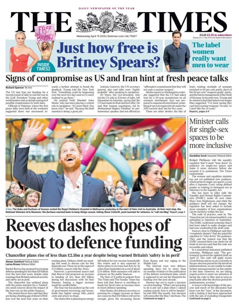 Front page of Times, 15 April 2026